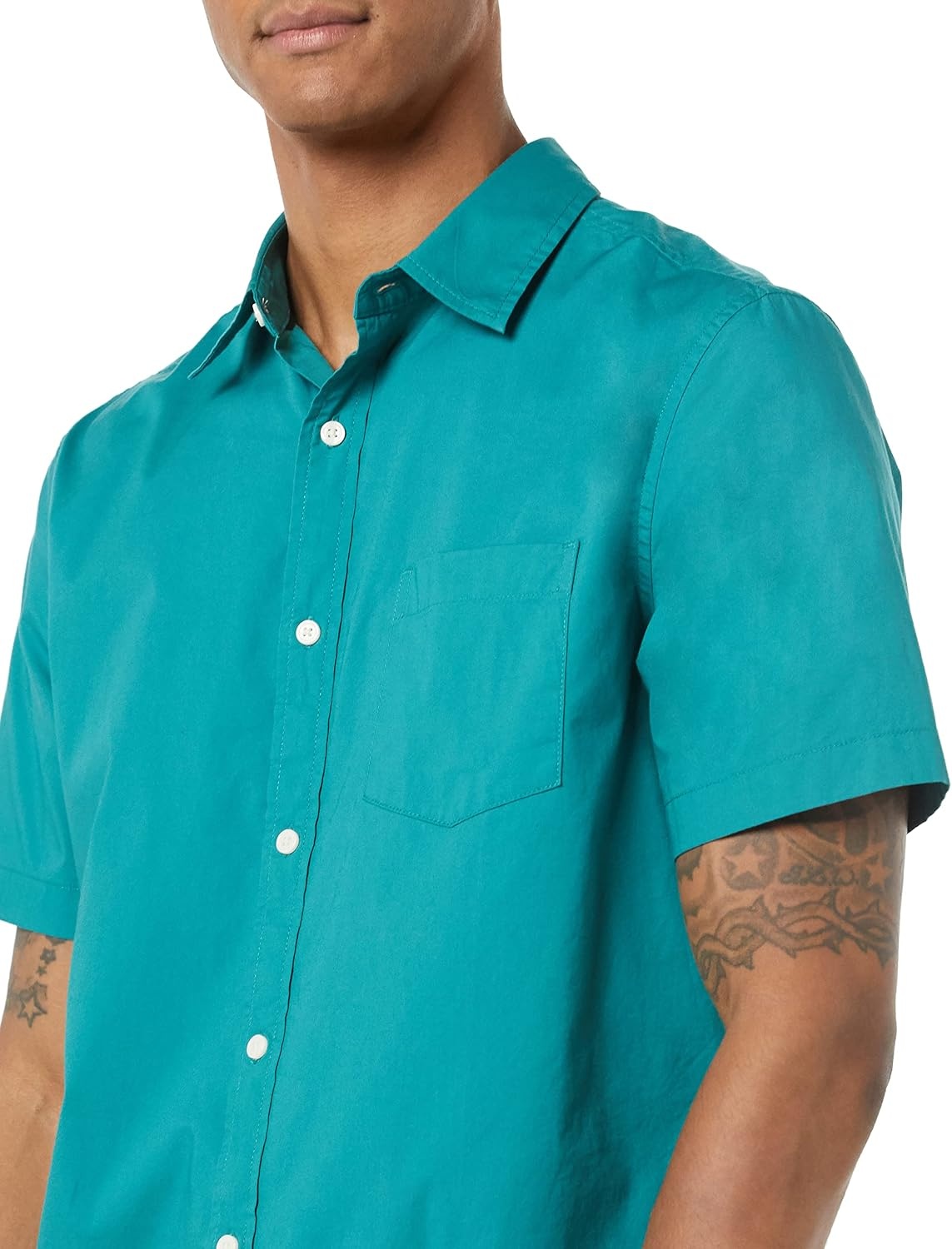 image:imageAmazon Essentials Mens Short Sleeve Dress Shirt with Stretch Charcoal White Vertical Stripe Available in Big amp TallTeal