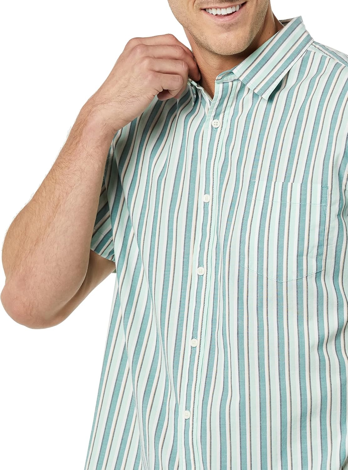 image:imageAmazon Essentials Mens Short Sleeve Dress Shirt with Stretch Charcoal White Vertical Stripe Available in Big amp TallTealMulticolor Stripe