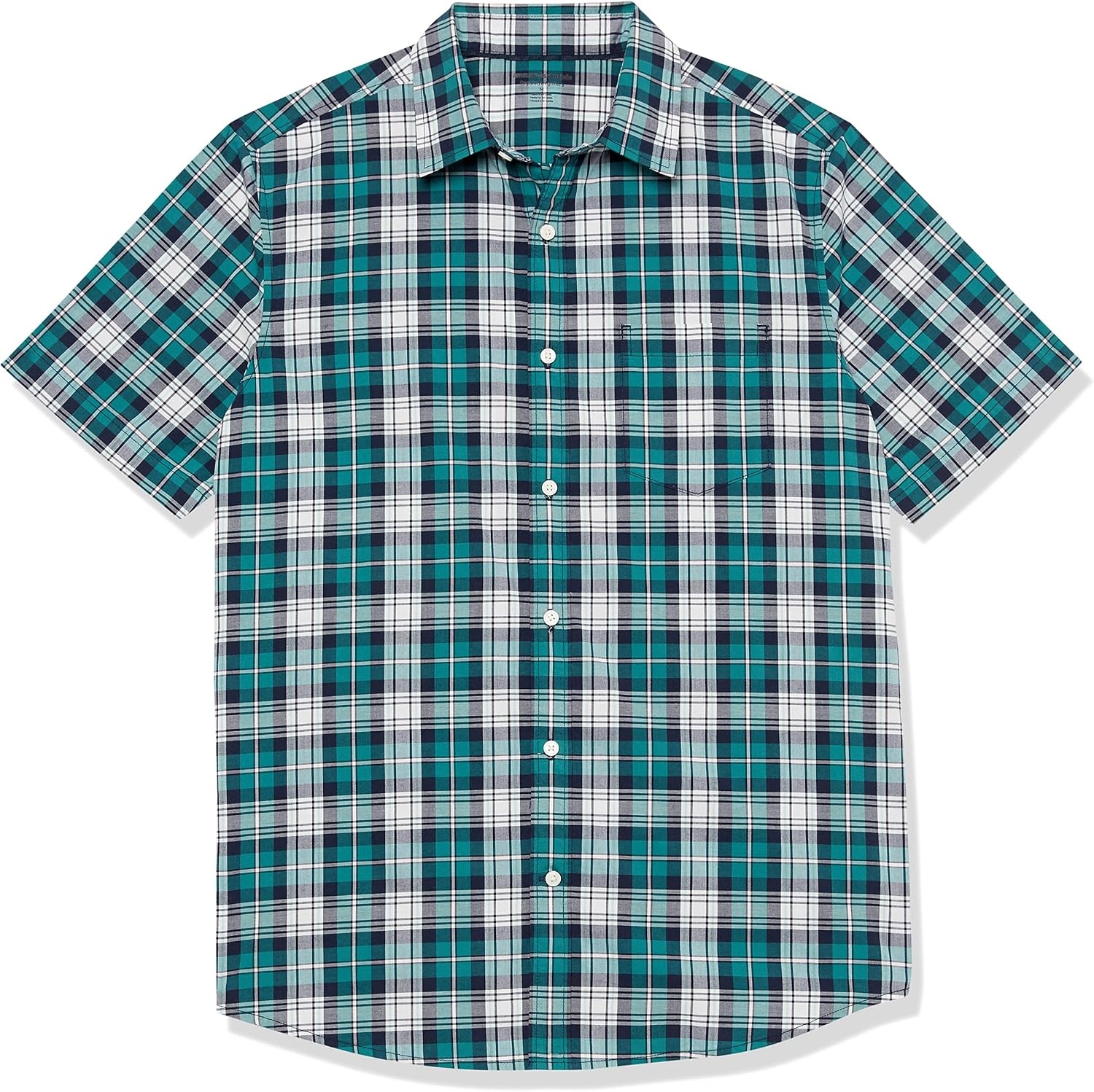 image:imageAmazon Essentials Mens Short Sleeve Dress Shirt with Stretch Charcoal White Vertical Stripe Available in Big amp TallTealWhite Plaid