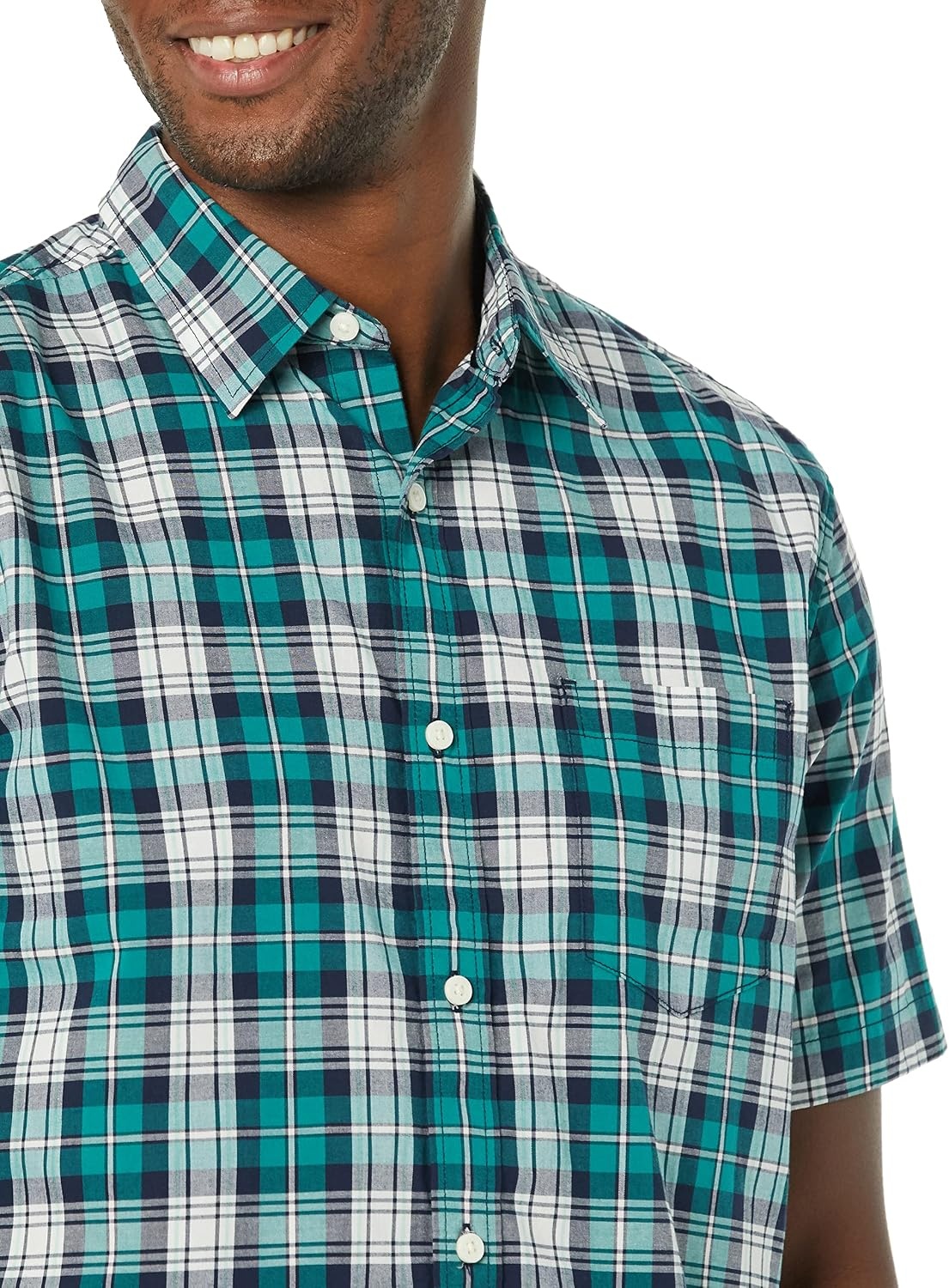 image:imageAmazon Essentials Mens Short Sleeve Dress Shirt with Stretch Charcoal White Vertical Stripe Available in Big amp TallTealWhite Plaid