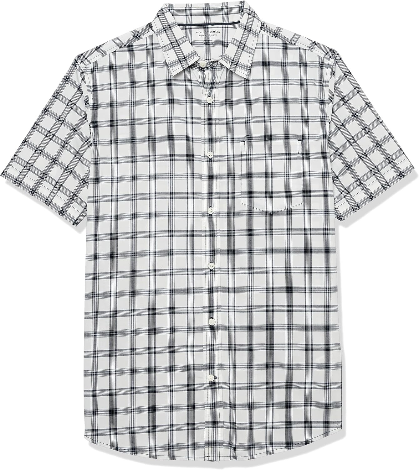 image:imageAmazon Essentials Mens Short Sleeve Dress Shirt with Stretch Charcoal White Vertical Stripe Available in Big amp TallWhiteNavy Plaid