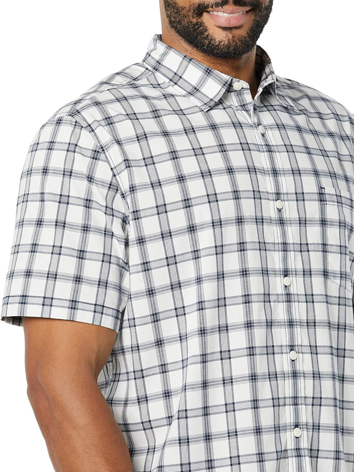 image:imageAmazon Essentials Mens Short Sleeve Dress Shirt with Stretch Charcoal White Vertical Stripe Available in Big amp TallWhiteNavy Plaid