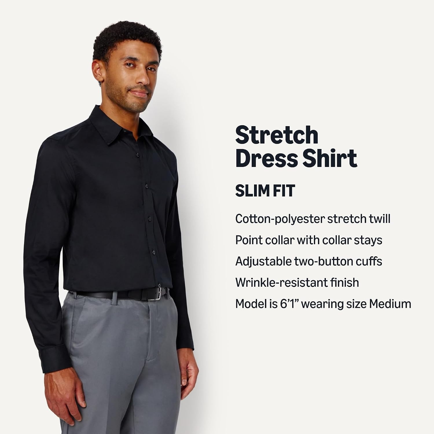 image:imageAmazon Essentials Mens Slim Fit Long Sleeve Wrinkle Resistant Stretch Dress ShirtBlack