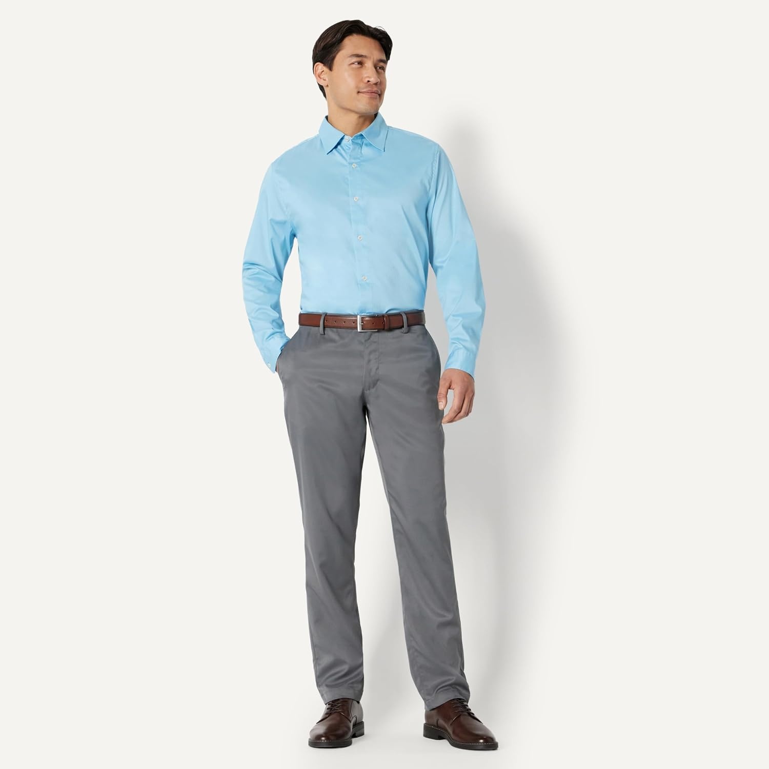 image:imageAmazon Essentials Mens Slim Fit Long Sleeve Wrinkle Resistant Stretch Dress ShirtSky Blue