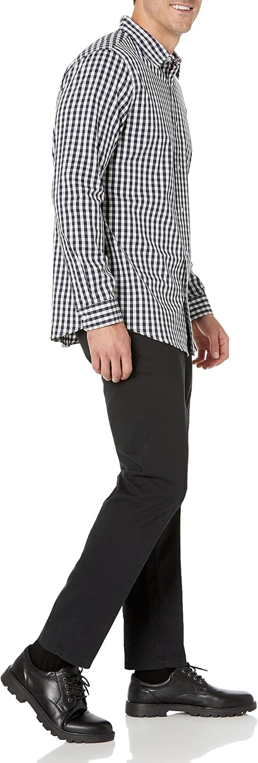image:imageAmazon Essentials Mens Slim Fit Long Sleeve Wrinkle Resistant Stretch Dress ShirtWhite Gingham