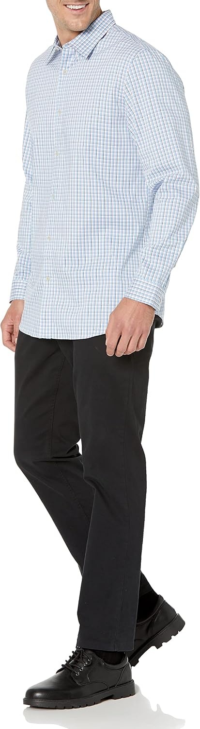 image:imageAmazon Essentials Mens Slim Fit Long Sleeve Wrinkle Resistant Stretch Dress ShirtWhite Grid Check