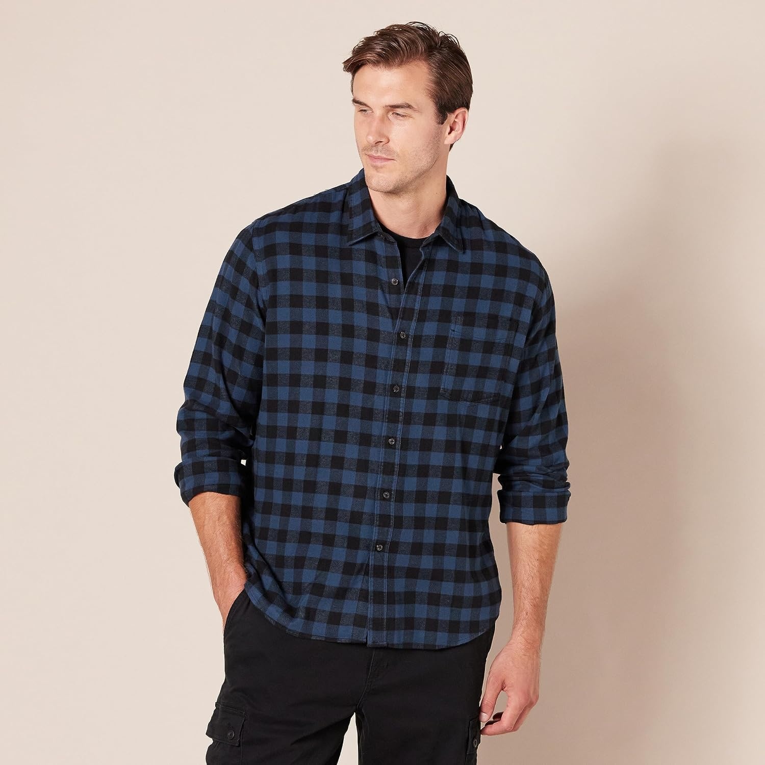 image:imageAmazon Essentials Mens SlimFit Brushed Cotton Flannel Shirt Long Sleeve Button Down Collared PlaidBlack Blue Buffalo Plaid