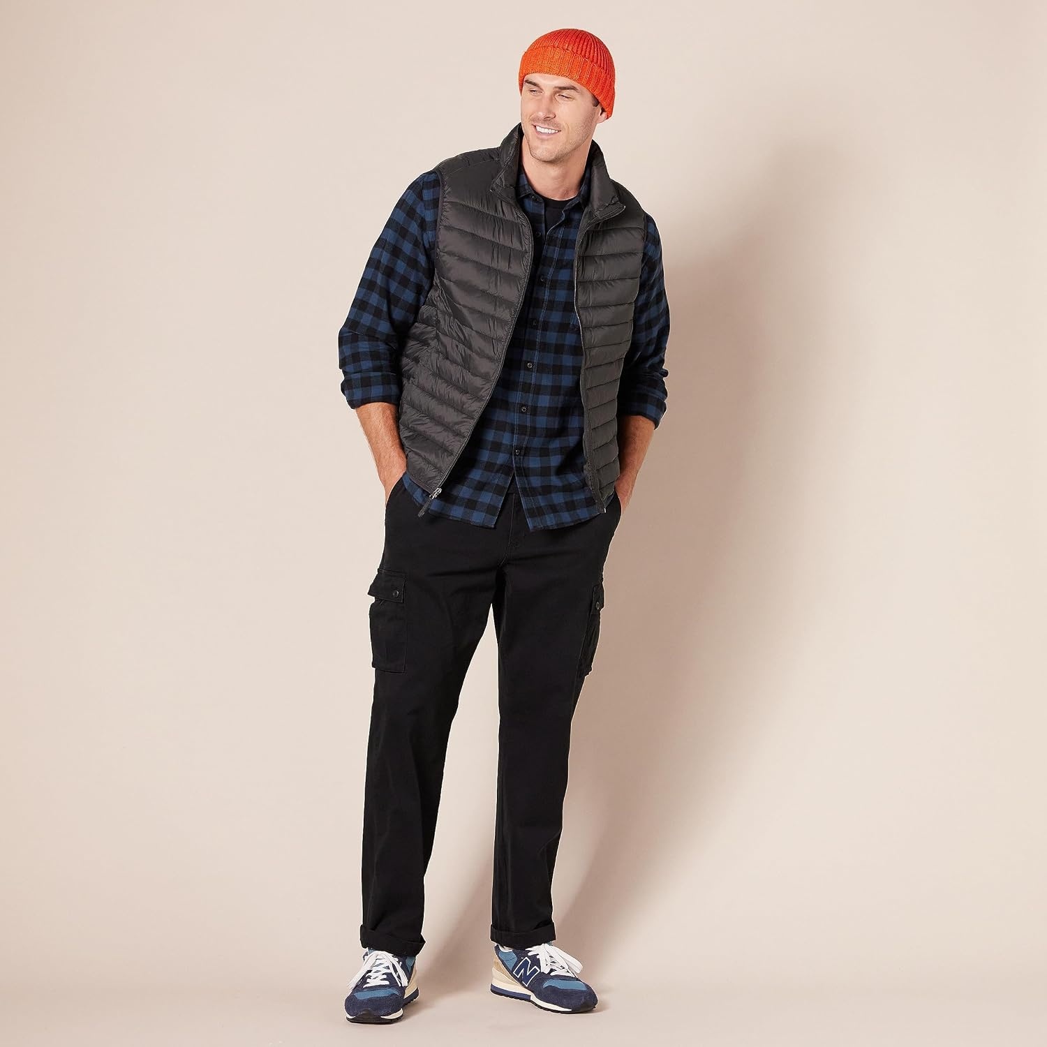 image:imageAmazon Essentials Mens SlimFit Brushed Cotton Flannel Shirt Long Sleeve Button Down Collared PlaidBlack Blue Buffalo Plaid