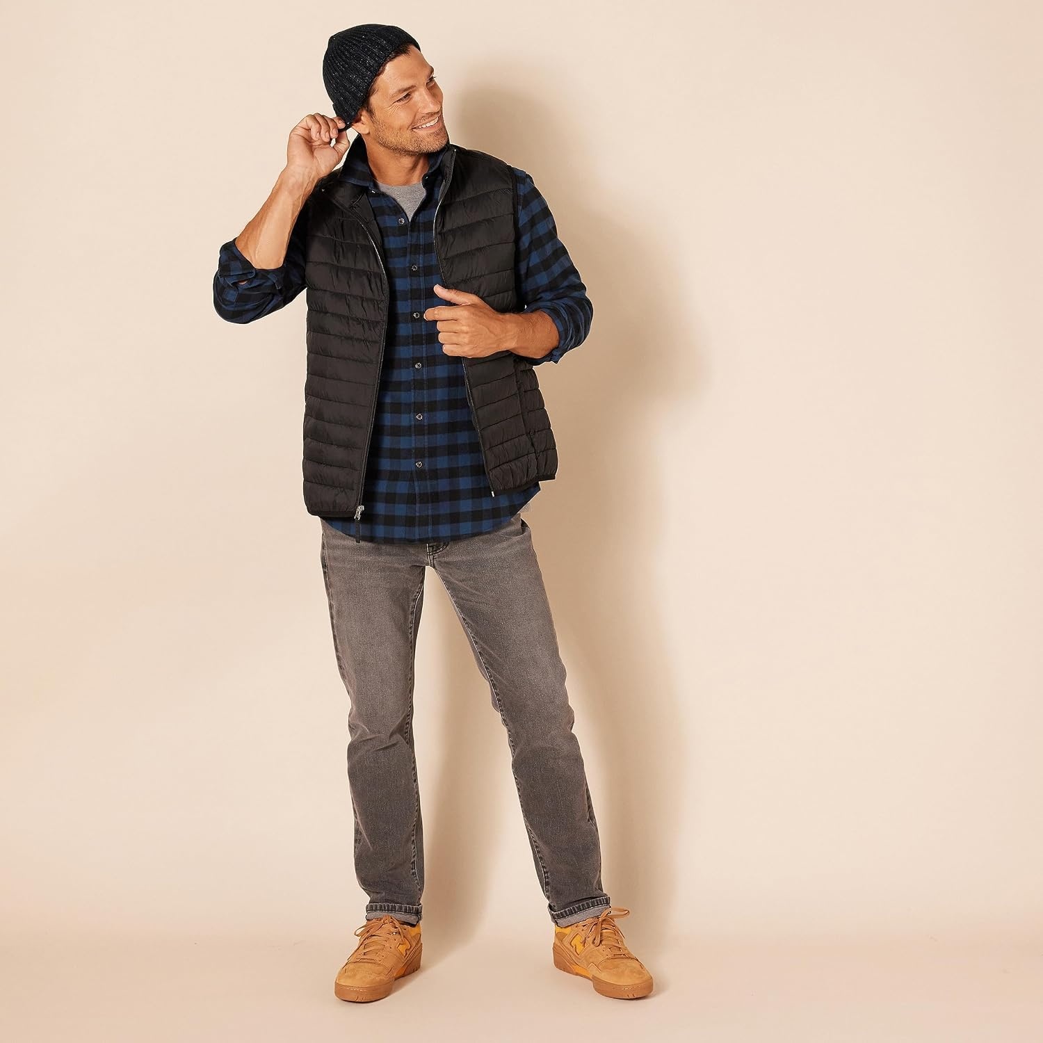 image:imageAmazon Essentials Mens SlimFit Brushed Cotton Flannel Shirt Long Sleeve Button Down Collared PlaidBlack Blue Buffalo Plaid