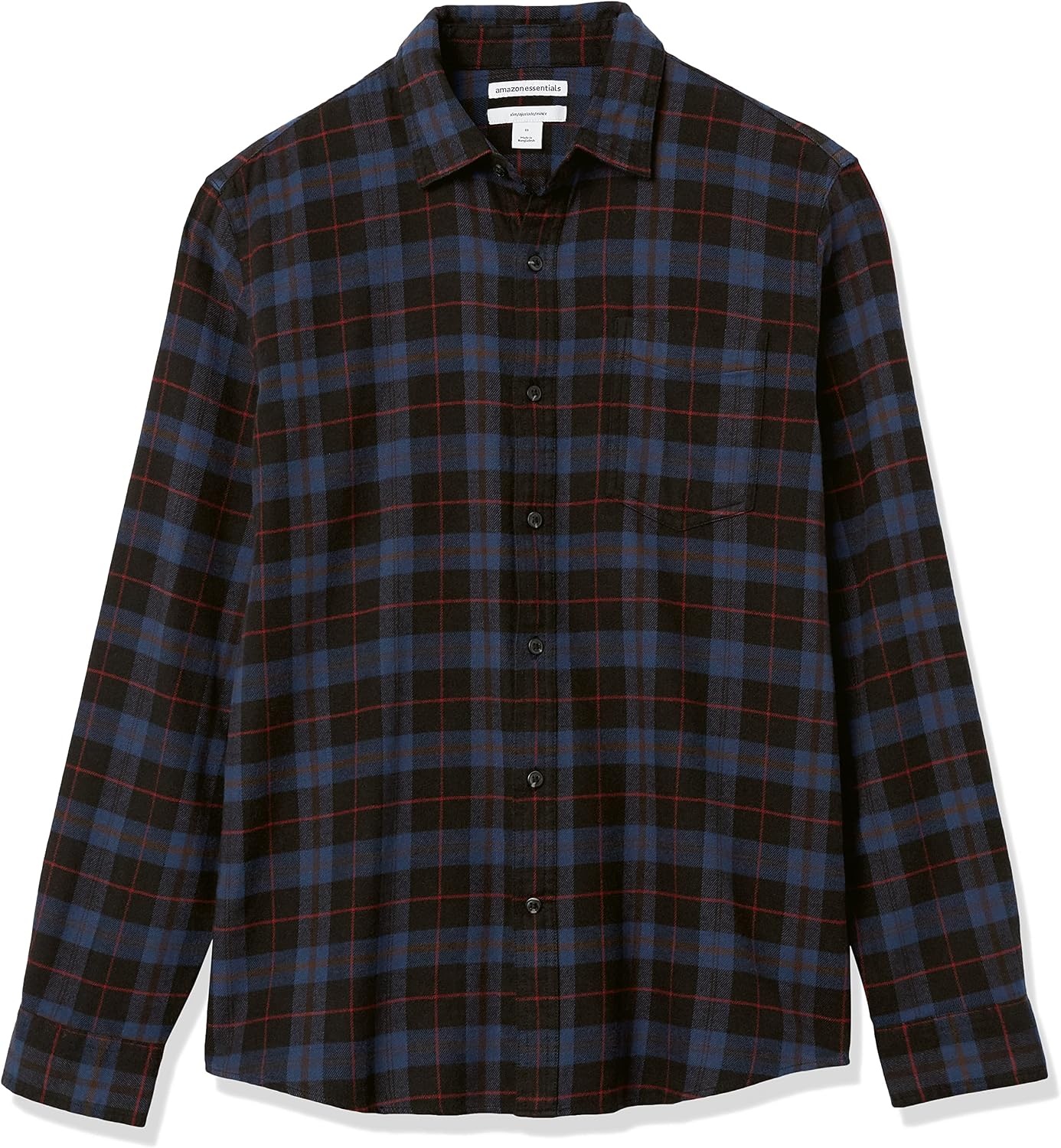 image:imageAmazon Essentials Mens SlimFit Brushed Cotton Flannel Shirt Long Sleeve Button Down Collared PlaidBlack Blue Check Plaid