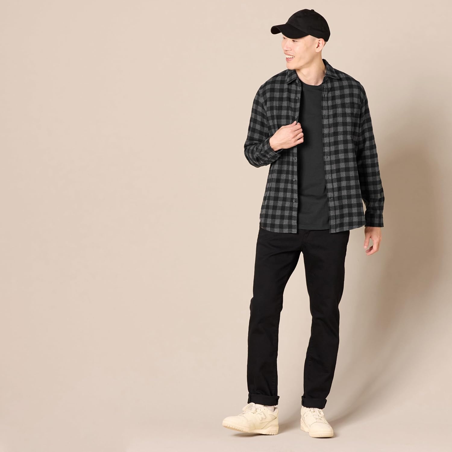 image:imageAmazon Essentials Mens SlimFit Brushed Cotton Flannel Shirt Long Sleeve Button Down Collared PlaidBlack Charcoal Buffalo Plaid