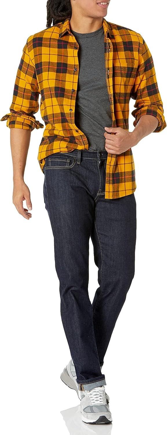 image:imageAmazon Essentials Mens SlimFit Brushed Cotton Flannel Shirt Long Sleeve Button Down Collared PlaidBlack Yellow Plaid