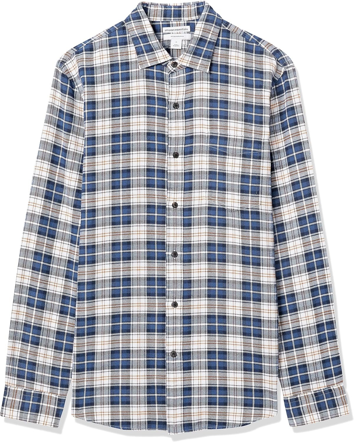 image:imageAmazon Essentials Mens SlimFit Brushed Cotton Flannel Shirt Long Sleeve Button Down Collared PlaidBlue Brown Plaid