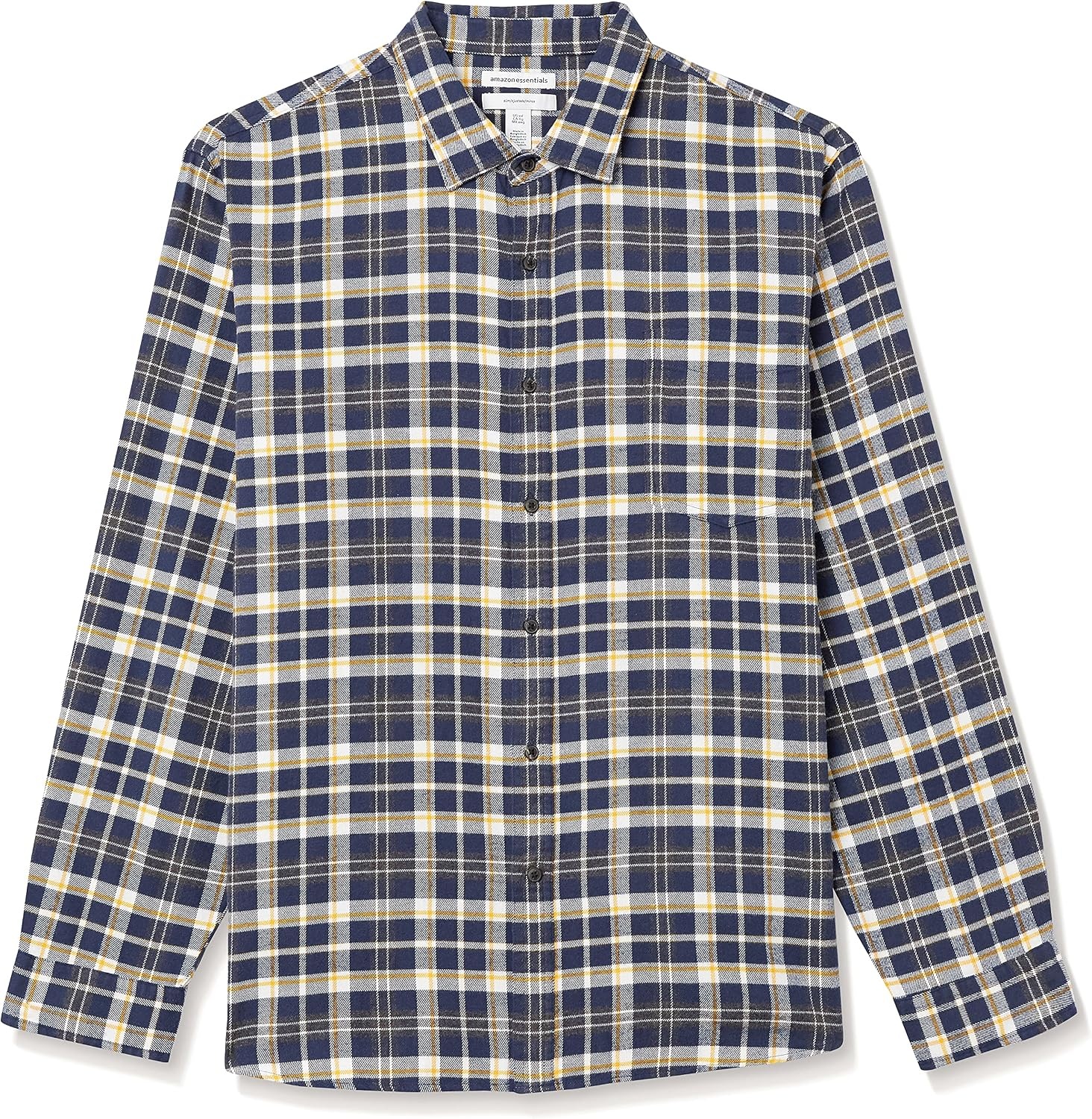 image:imageAmazon Essentials Mens SlimFit Brushed Cotton Flannel Shirt Long Sleeve Button Down Collared PlaidBlue Gold White Plaid