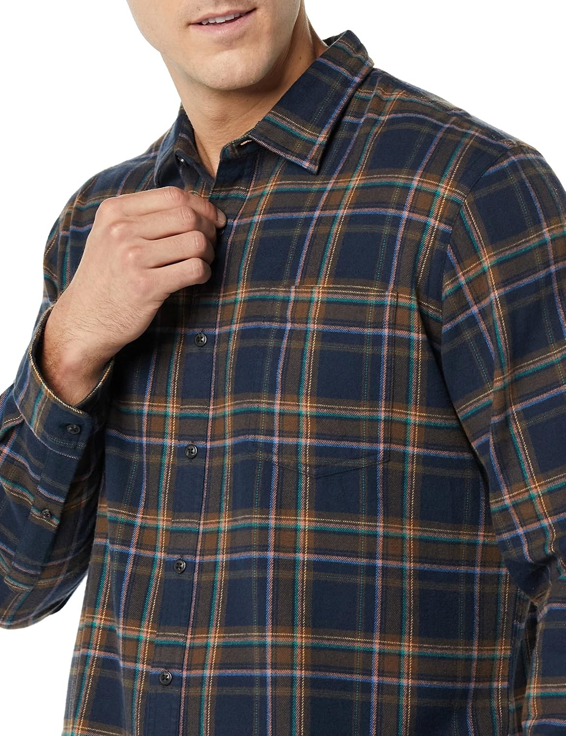 image:imageAmazon Essentials Mens SlimFit Brushed Cotton Flannel Shirt Long Sleeve Button Down Collared PlaidBrown Dark Navy Plaid