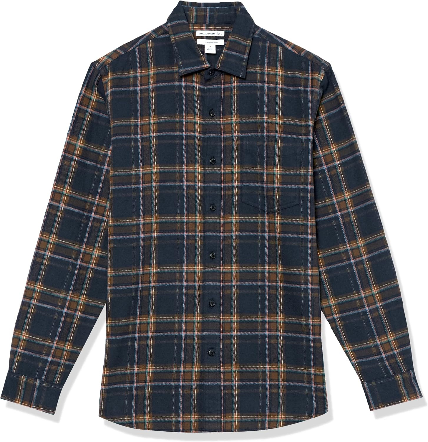 image:imageAmazon Essentials Mens SlimFit Brushed Cotton Flannel Shirt Long Sleeve Button Down Collared PlaidBrown Dark Navy Plaid