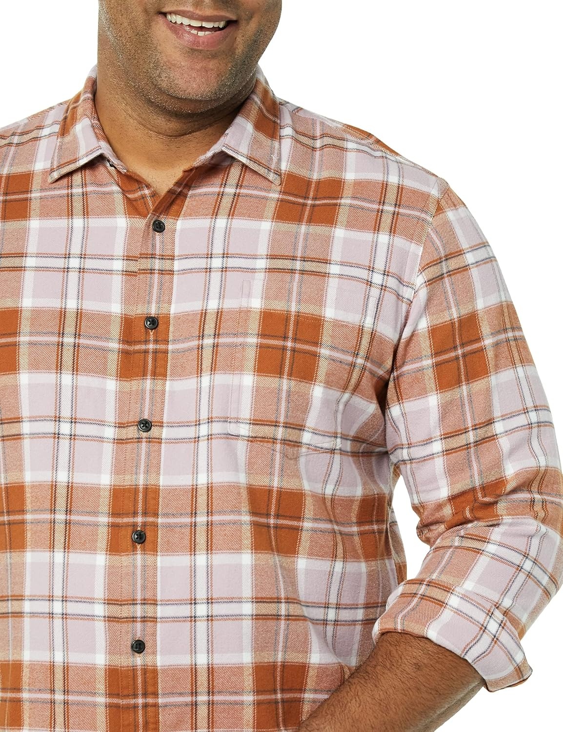 image:imageAmazon Essentials Mens SlimFit Brushed Cotton Flannel Shirt Long Sleeve Button Down Collared PlaidBrown Lilac Plaid