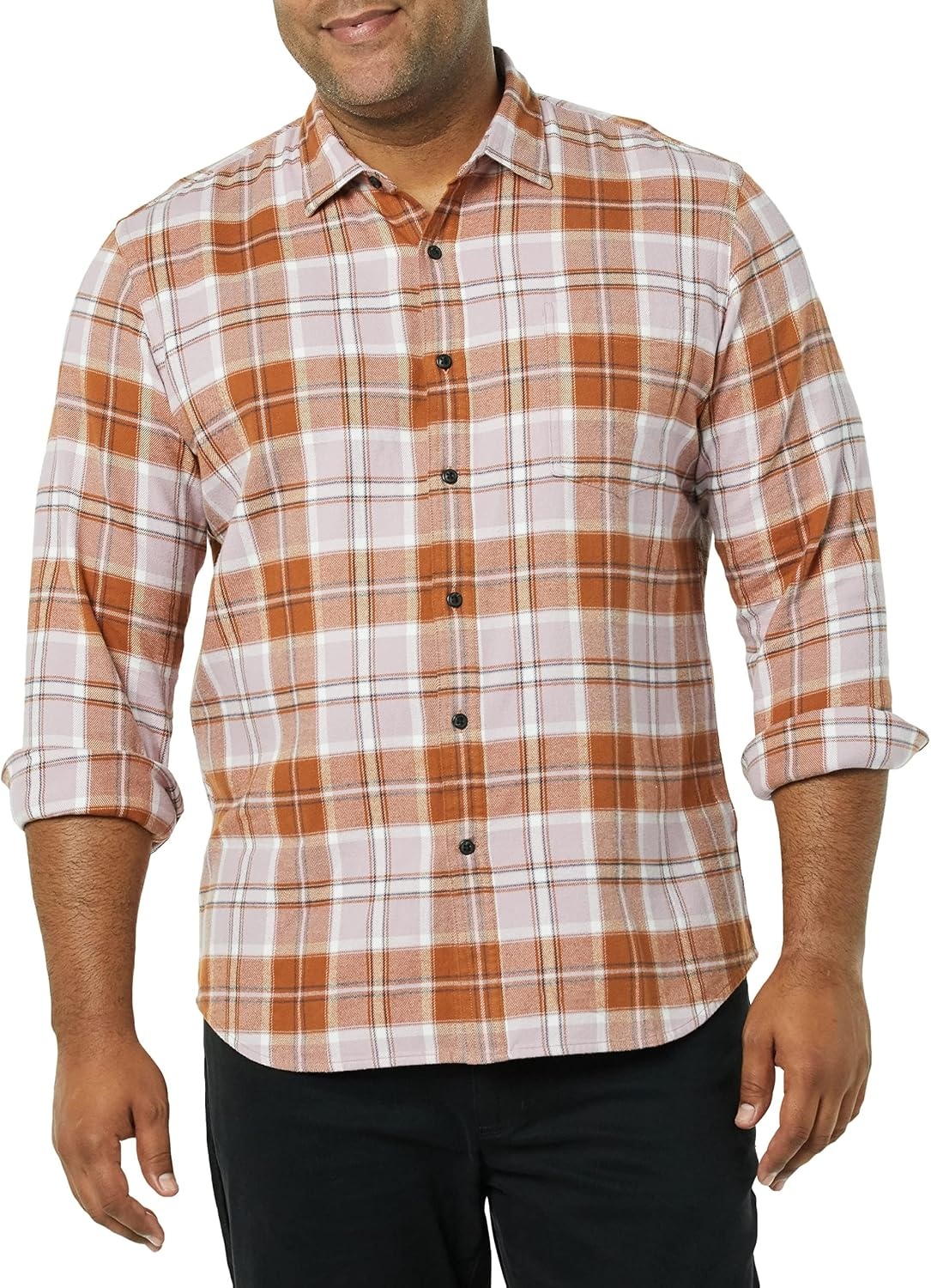 image:imageAmazon Essentials Mens SlimFit Brushed Cotton Flannel Shirt Long Sleeve Button Down Collared PlaidBrown Lilac Plaid