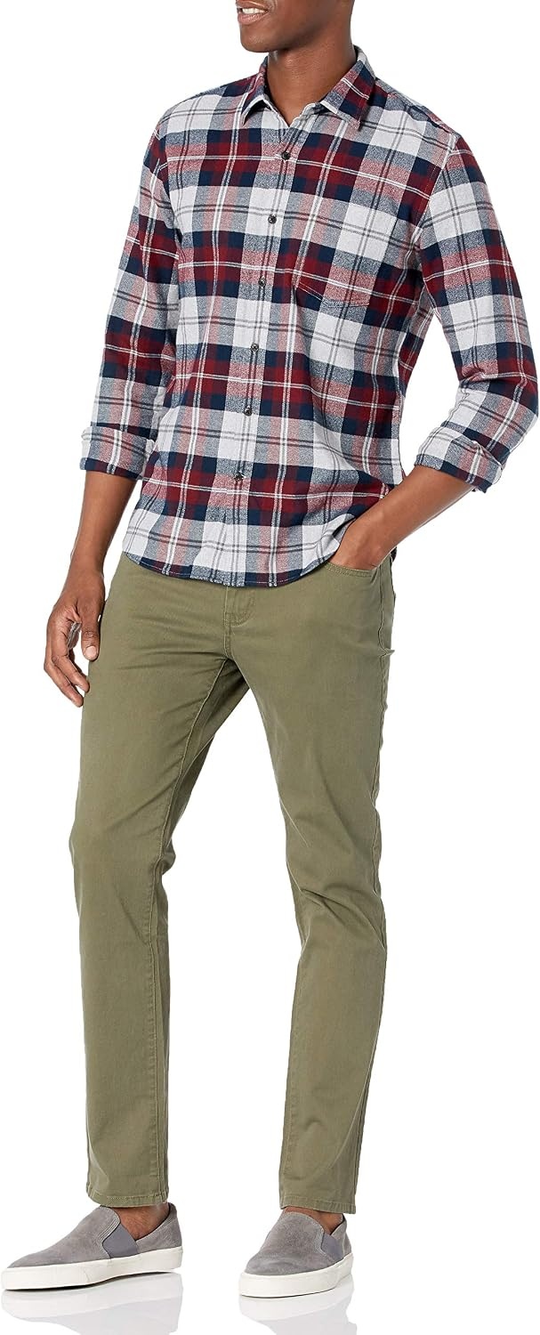 image:imageAmazon Essentials Mens SlimFit Brushed Cotton Flannel Shirt Long Sleeve Button Down Collared PlaidBurgundy Grey Plaid
