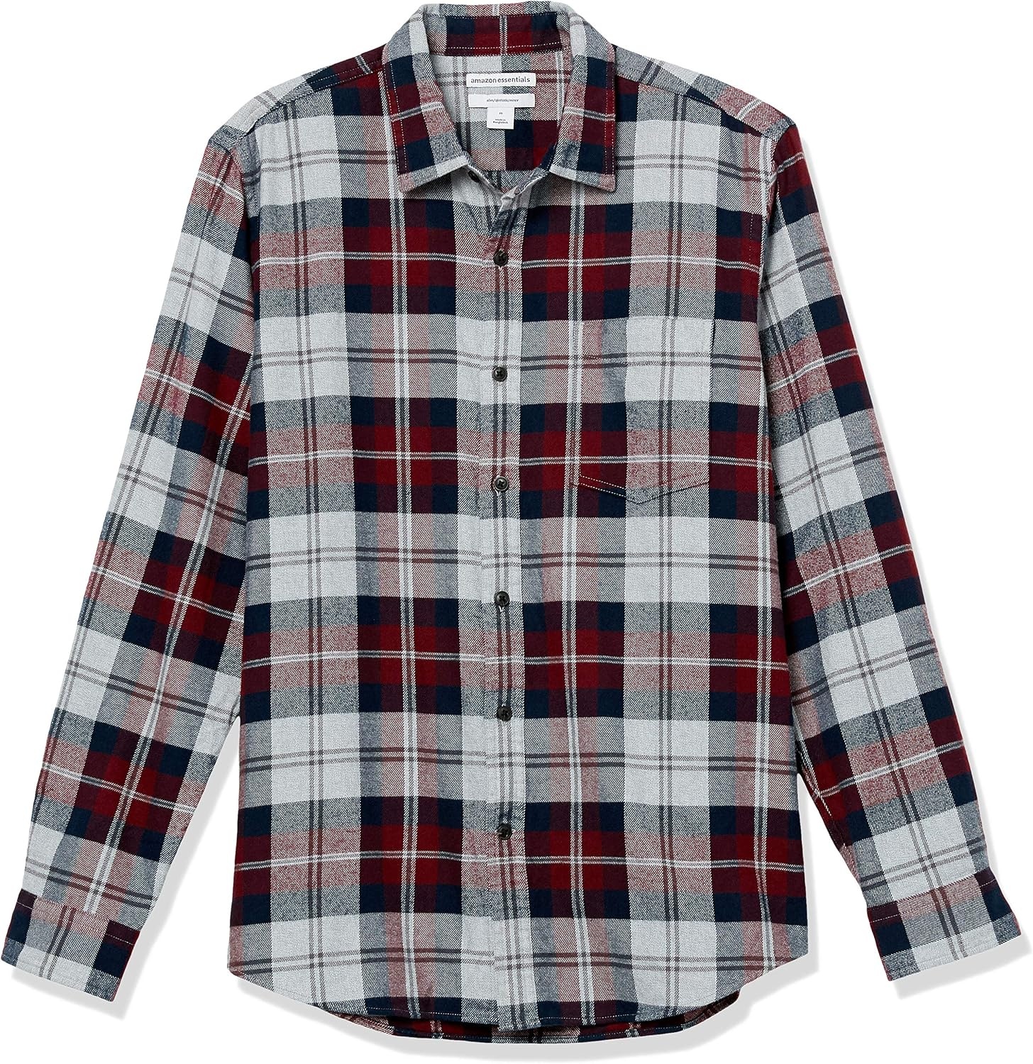 image:imageAmazon Essentials Mens SlimFit Brushed Cotton Flannel Shirt Long Sleeve Button Down Collared PlaidBurgundy Grey Plaid
