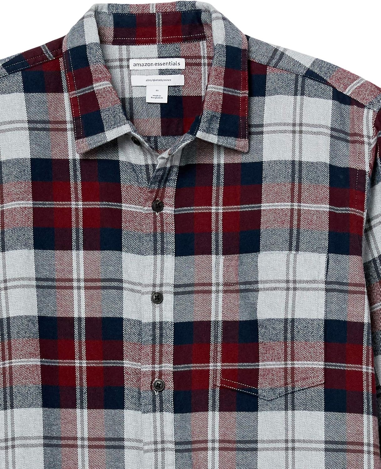 image:imageAmazon Essentials Mens SlimFit Brushed Cotton Flannel Shirt Long Sleeve Button Down Collared PlaidBurgundy Grey Plaid