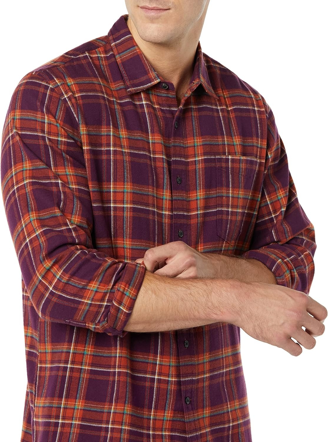 image:imageAmazon Essentials Mens SlimFit Brushed Cotton Flannel Shirt Long Sleeve Button Down Collared PlaidBurgundy Orange Plaid