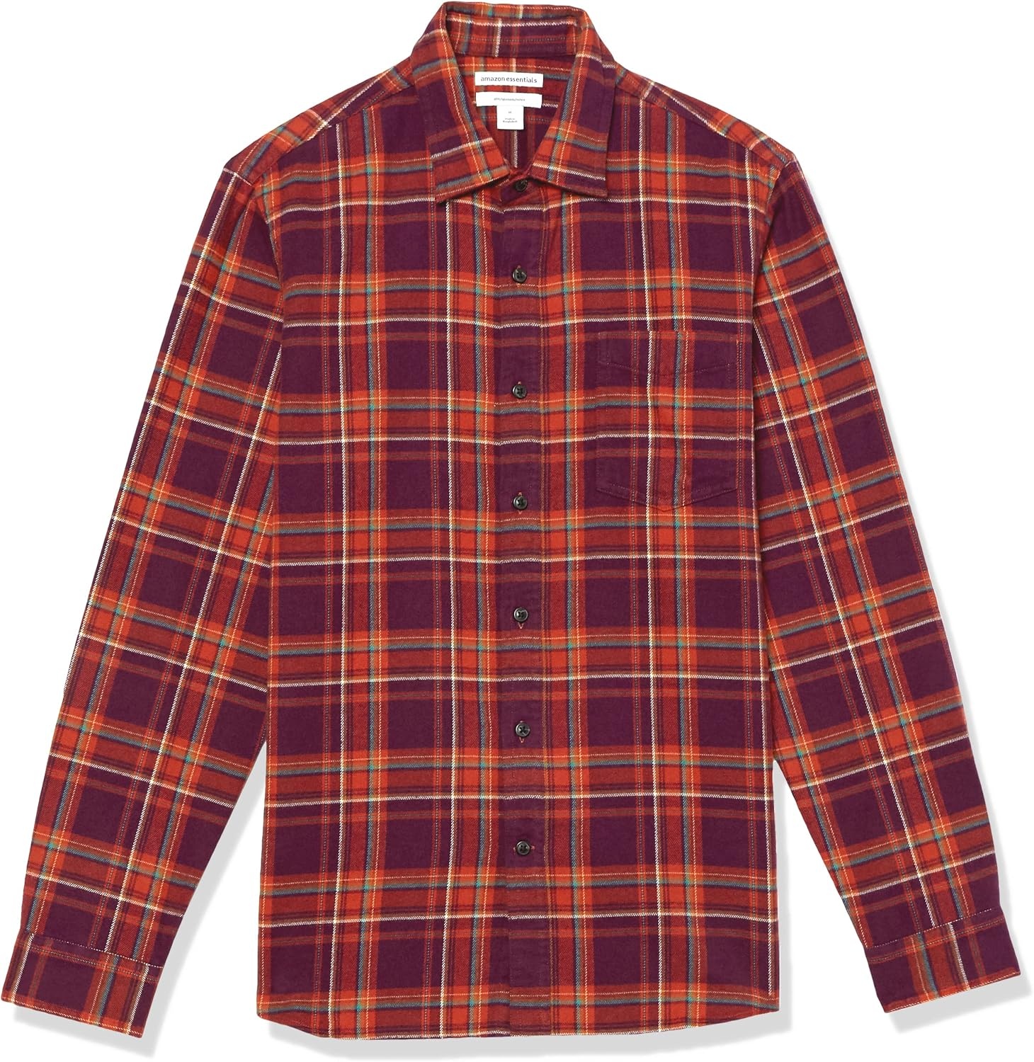 image:imageAmazon Essentials Mens SlimFit Brushed Cotton Flannel Shirt Long Sleeve Button Down Collared PlaidBurgundy Orange Plaid