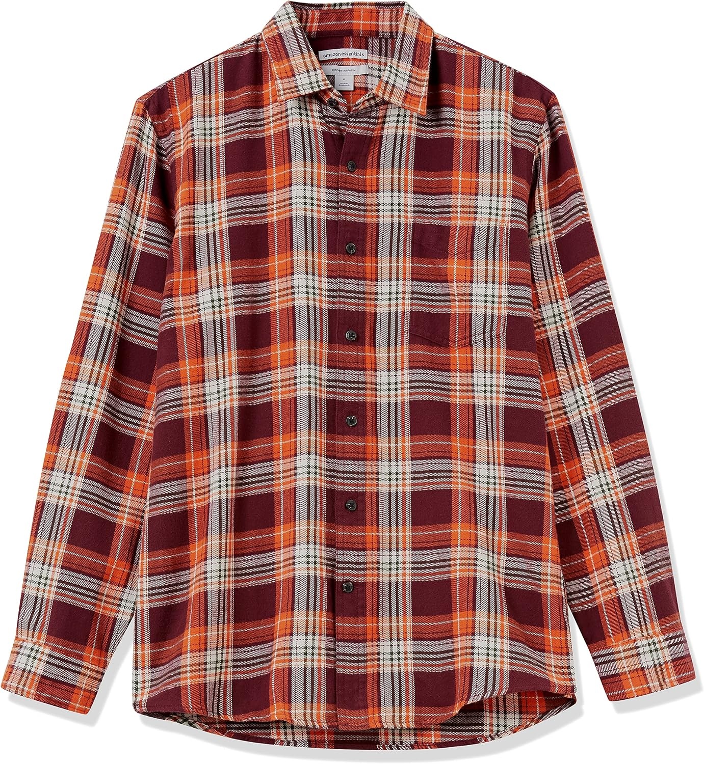 image:imageAmazon Essentials Mens SlimFit Brushed Cotton Flannel Shirt Long Sleeve Button Down Collared PlaidBurgundy Orange White Plaid