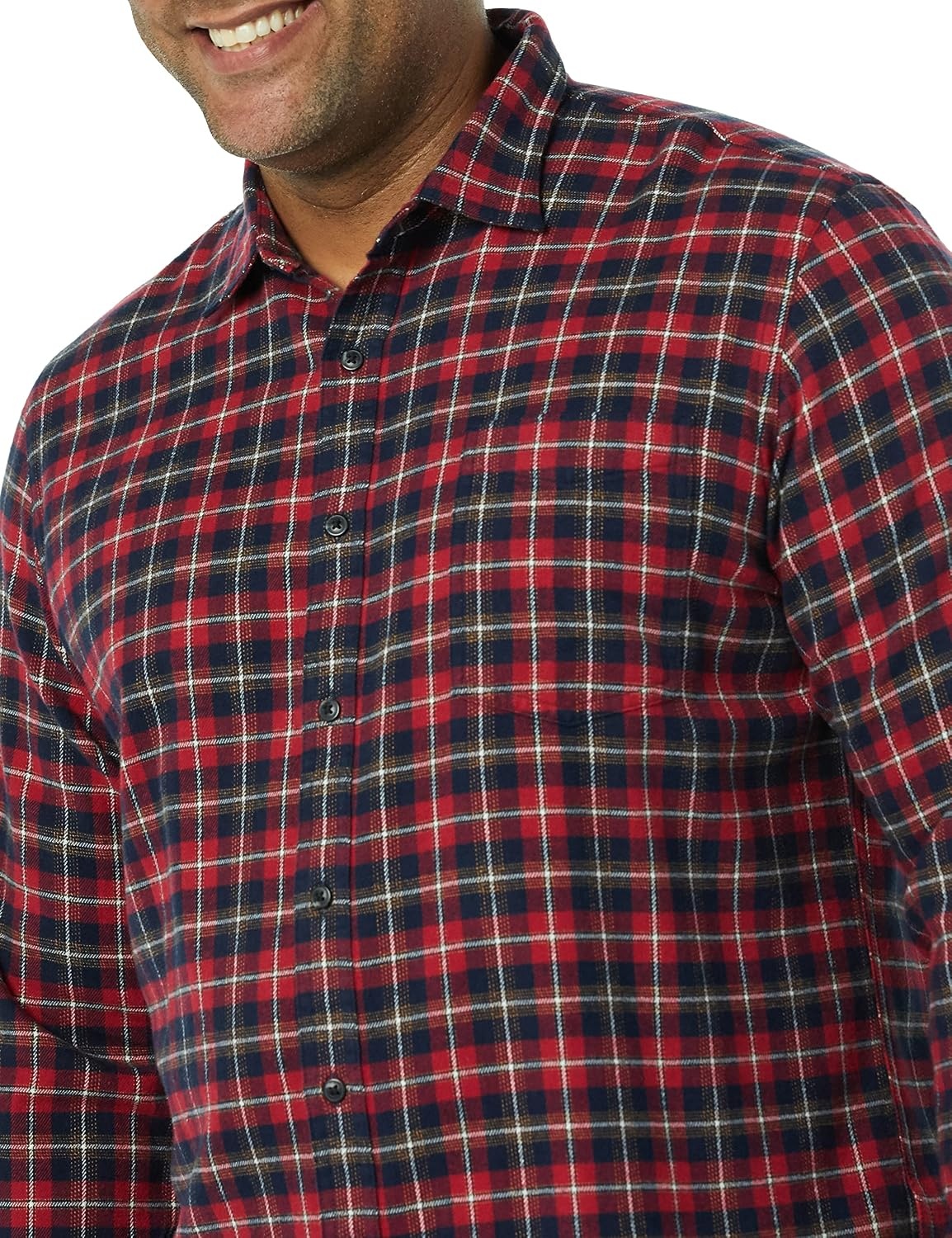 image:imageAmazon Essentials Mens SlimFit Brushed Cotton Flannel Shirt Long Sleeve Button Down Collared PlaidDark Red Plaid