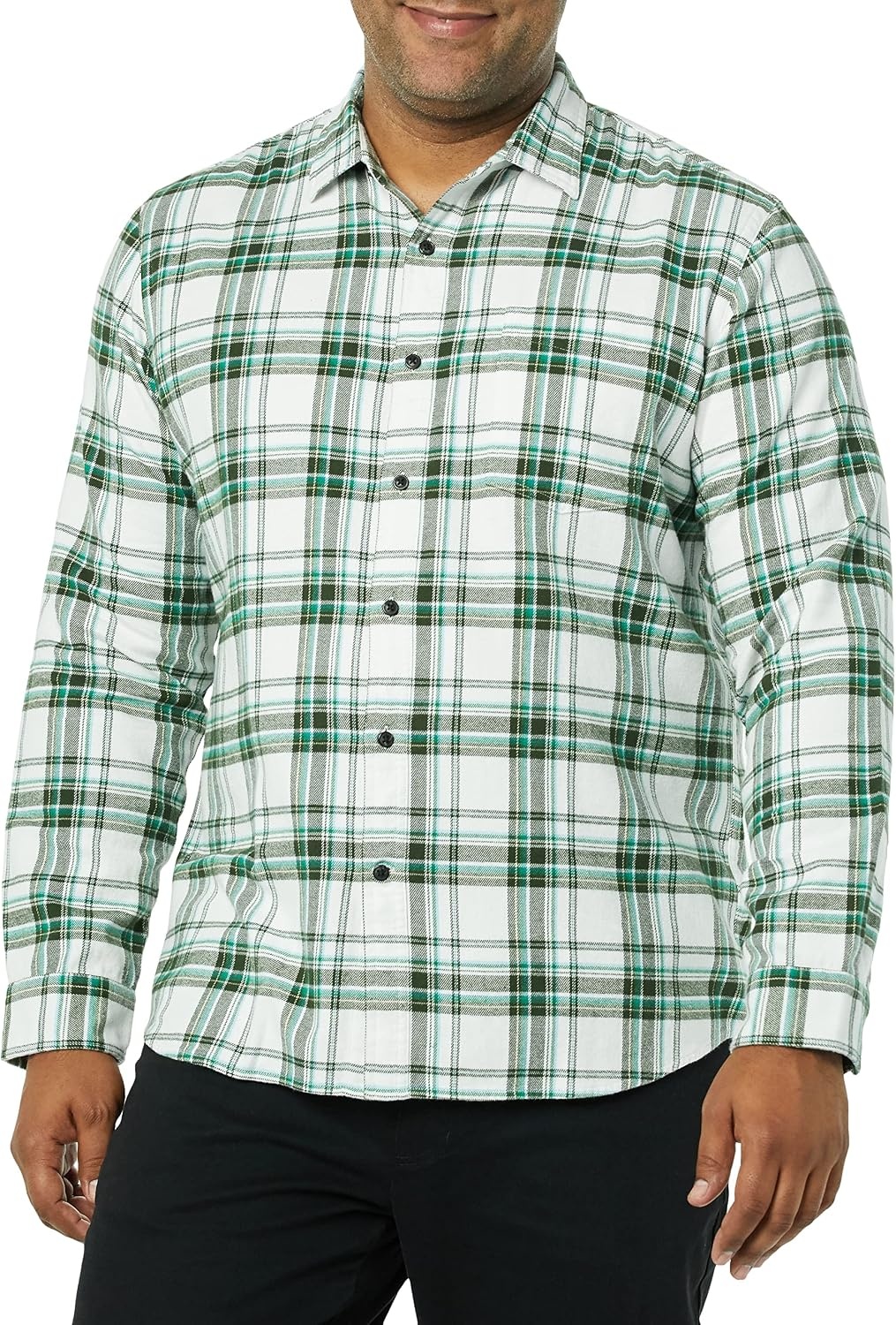 image:imageAmazon Essentials Mens SlimFit Brushed Cotton Flannel Shirt Long Sleeve Button Down Collared PlaidGreen White Plaid