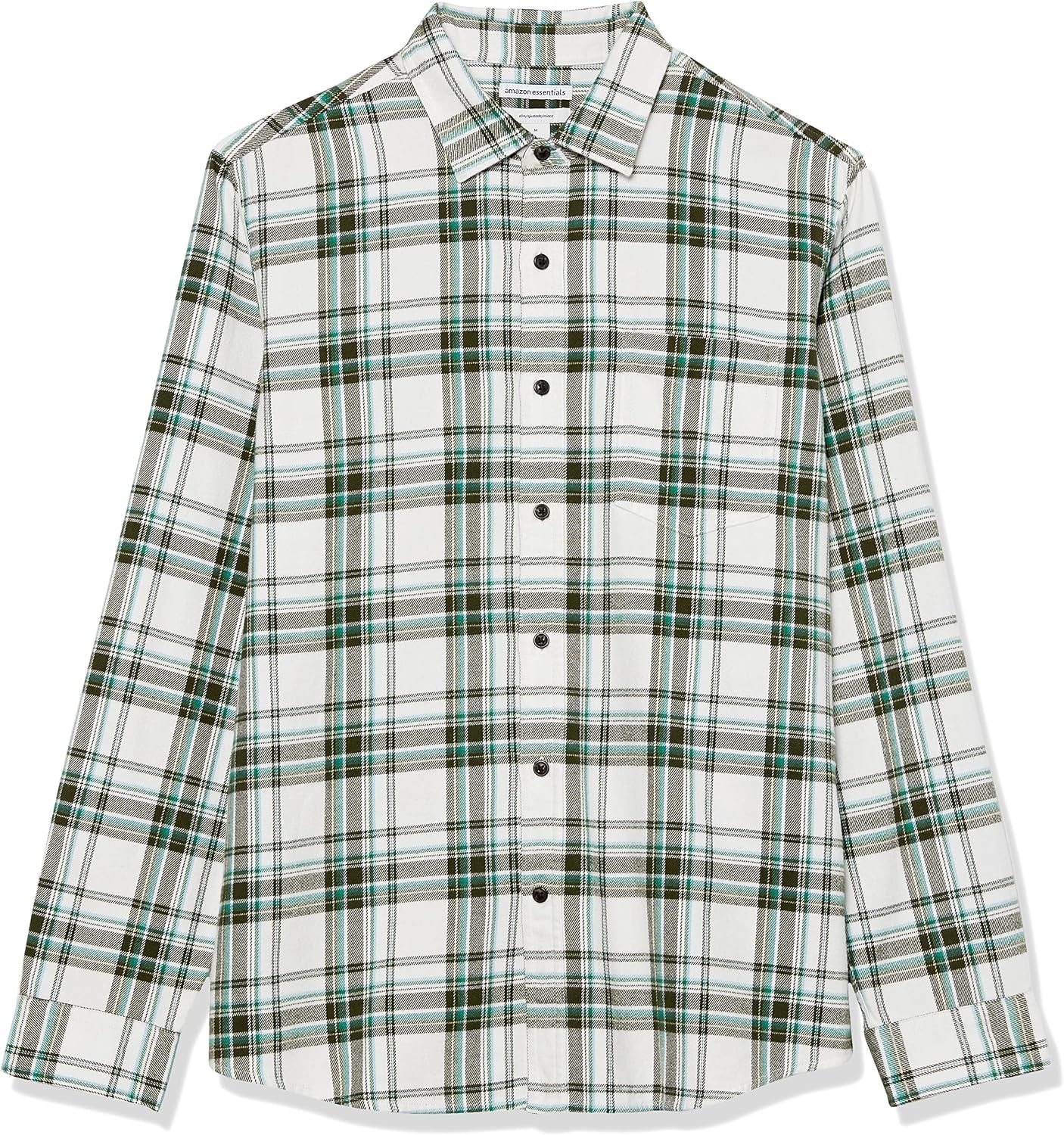 image:imageAmazon Essentials Mens SlimFit Brushed Cotton Flannel Shirt Long Sleeve Button Down Collared PlaidGreen White Plaid