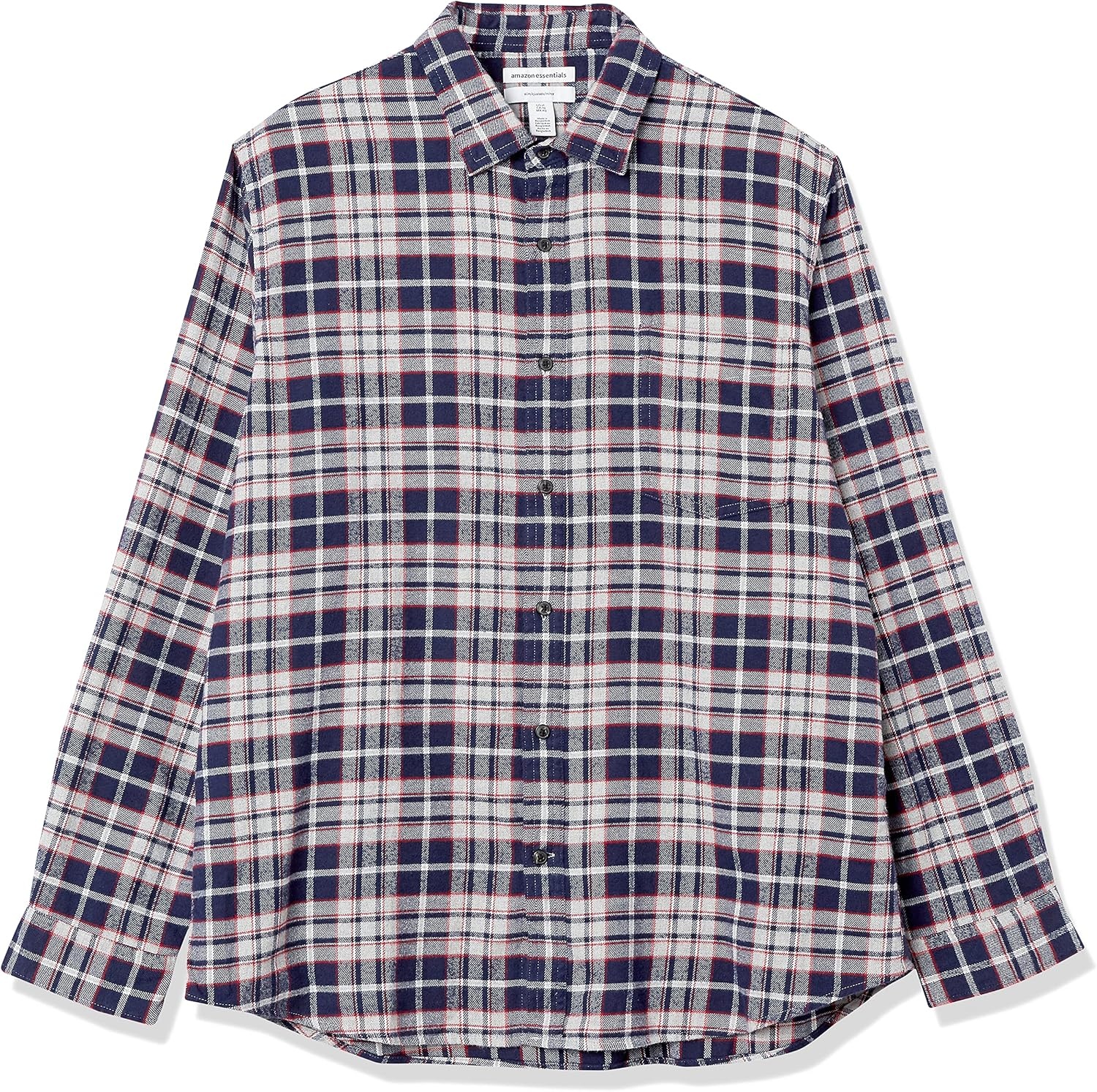 image:imageAmazon Essentials Mens SlimFit Brushed Cotton Flannel Shirt Long Sleeve Button Down Collared PlaidGrey Heather Navy Plaid