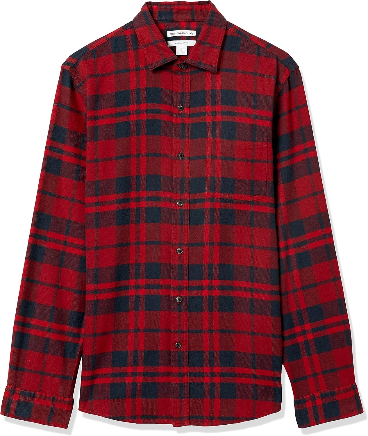 image:imageAmazon Essentials Mens SlimFit Brushed Cotton Flannel Shirt Long Sleeve Button Down Collared PlaidNavy Red Plaid