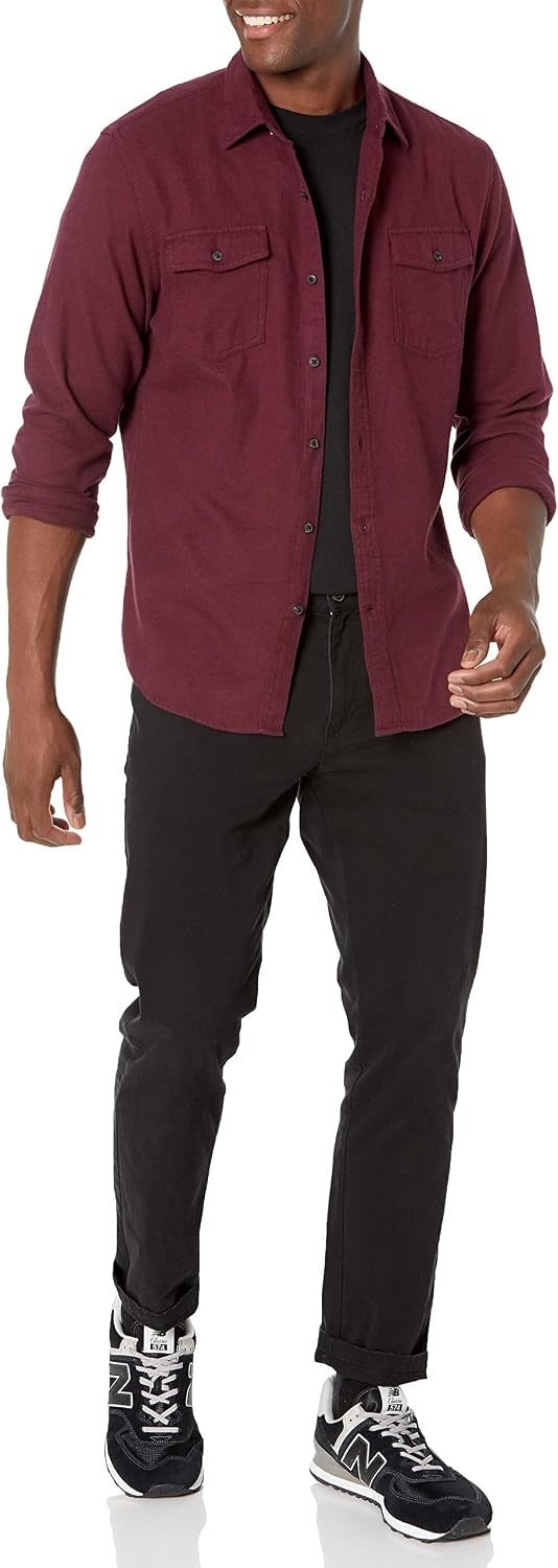 image:imageAmazon Essentials Mens SlimFit Flannel LongSleeve Shirt TwoPocket PlaidBurgundy Heather