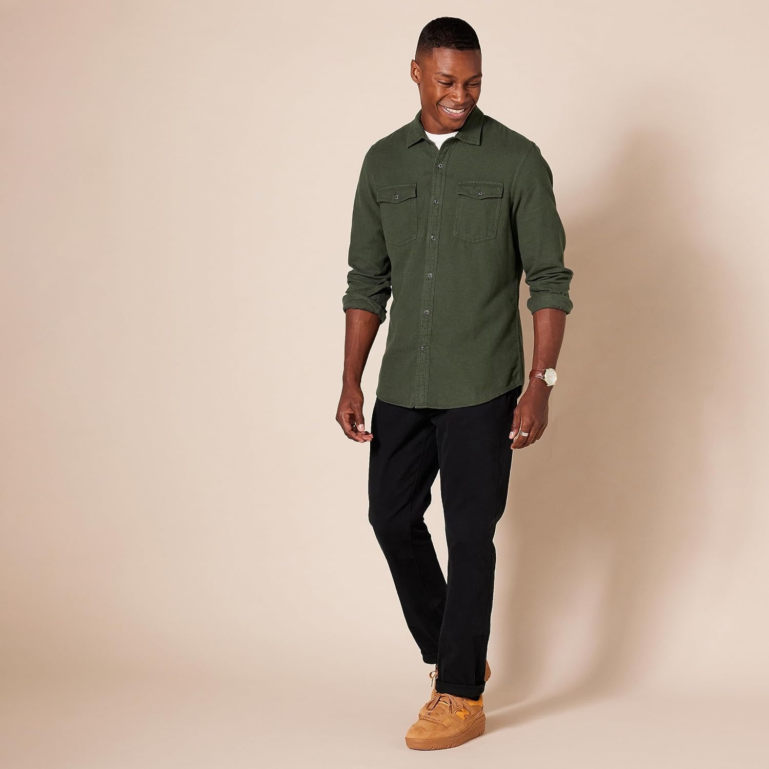 image:imageAmazon Essentials Mens SlimFit Flannel LongSleeve Shirt TwoPocket PlaidOlive Heather