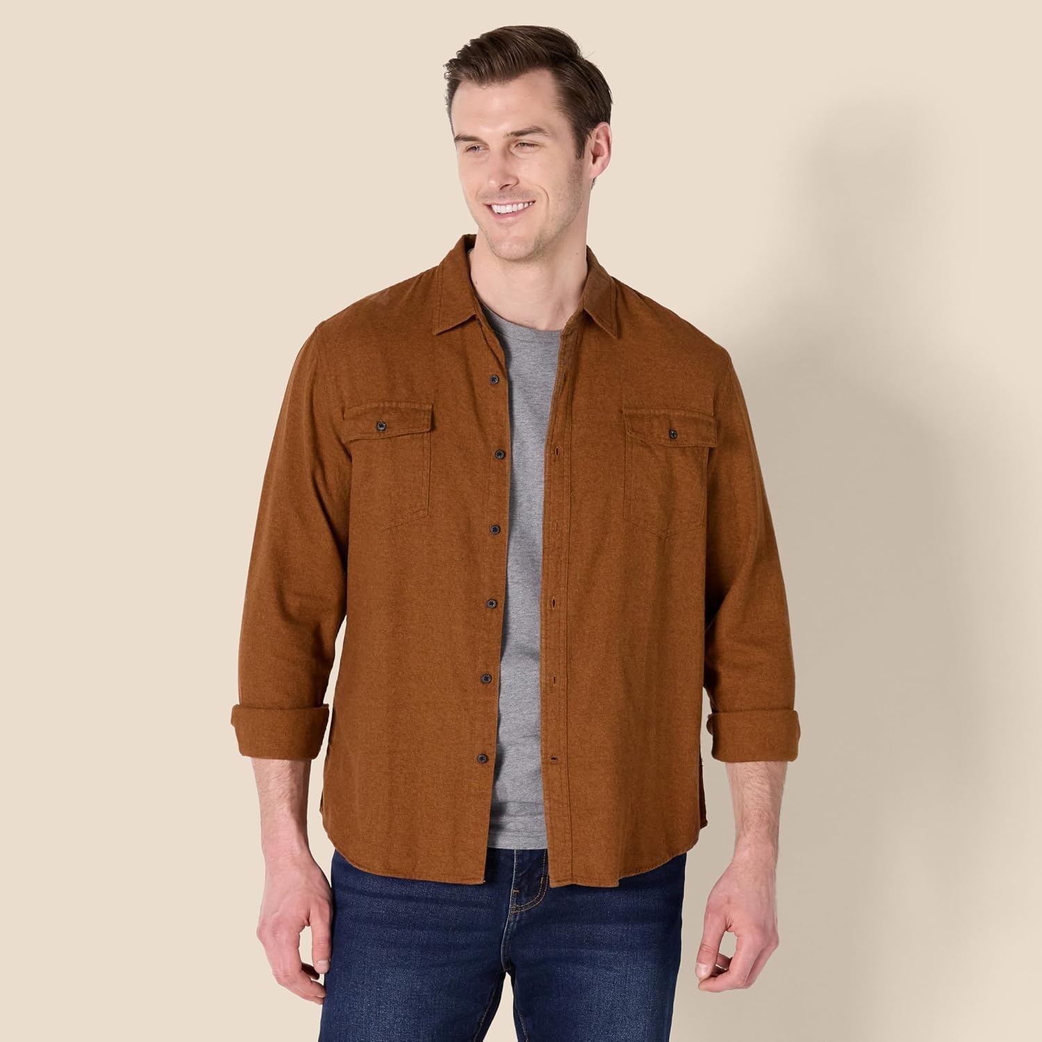 image:imageAmazon Essentials Mens SlimFit Flannel LongSleeve Shirt TwoPocket PlaidToffee Brown
