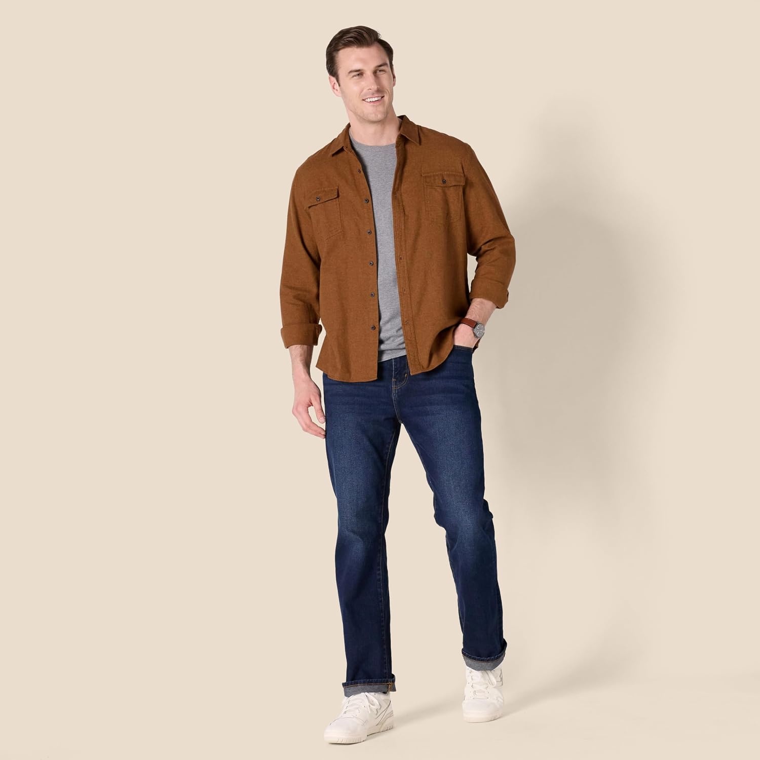 image:imageAmazon Essentials Mens SlimFit Flannel LongSleeve Shirt TwoPocket PlaidToffee Brown