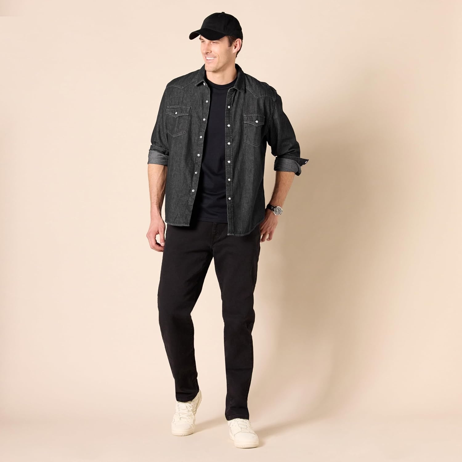 image:imageAmazon Essentials Mens SlimFit LongSleeve Denim Western Style Cotton Shirt with Snap Buttons LightweightBlack
