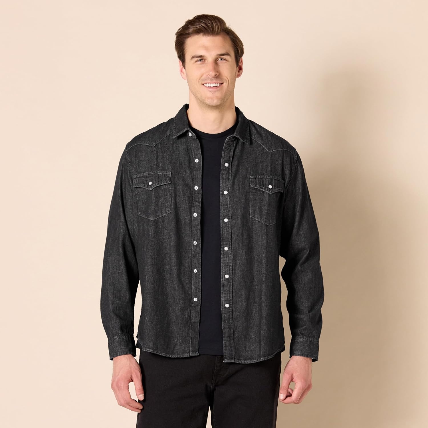 image:imageAmazon Essentials Mens SlimFit LongSleeve Denim Western Style Cotton Shirt with Snap Buttons LightweightBlack