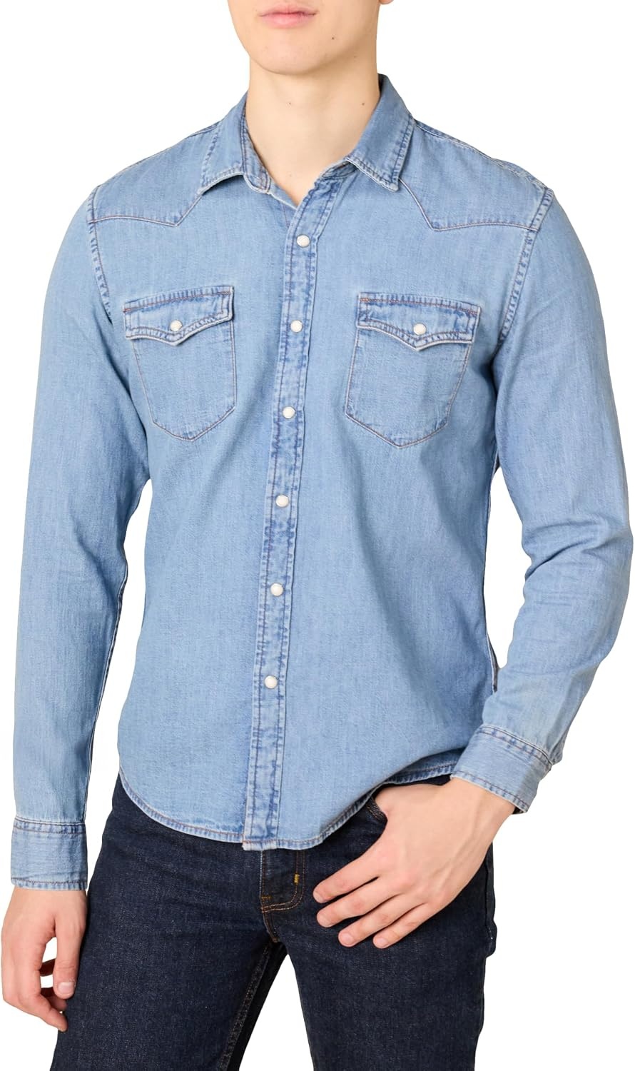 image:imageAmazon Essentials Mens SlimFit LongSleeve Denim Western Style Cotton Shirt with Snap Buttons LightweightLight Blue