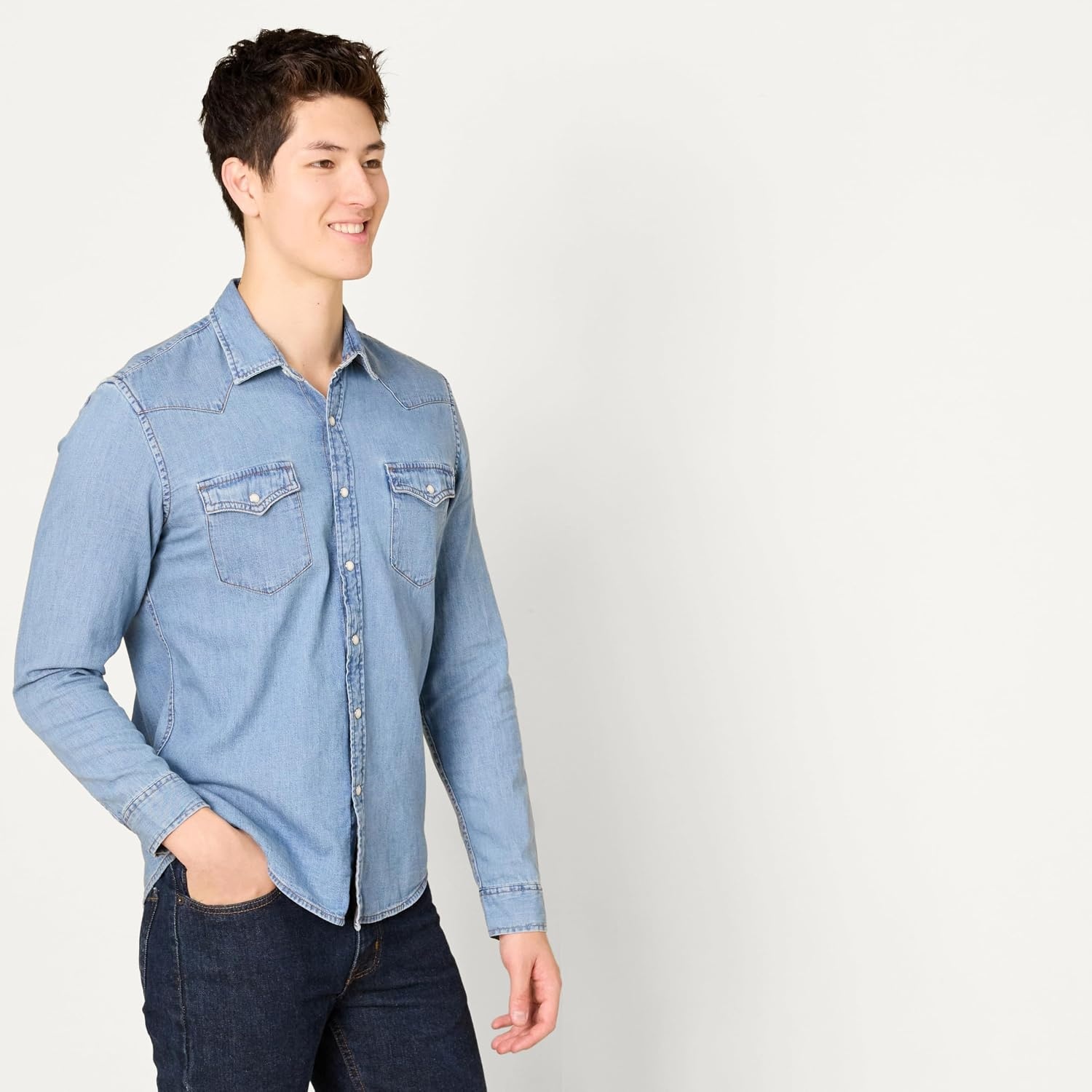 image:imageAmazon Essentials Mens SlimFit LongSleeve Denim Western Style Cotton Shirt with Snap Buttons LightweightLight Blue