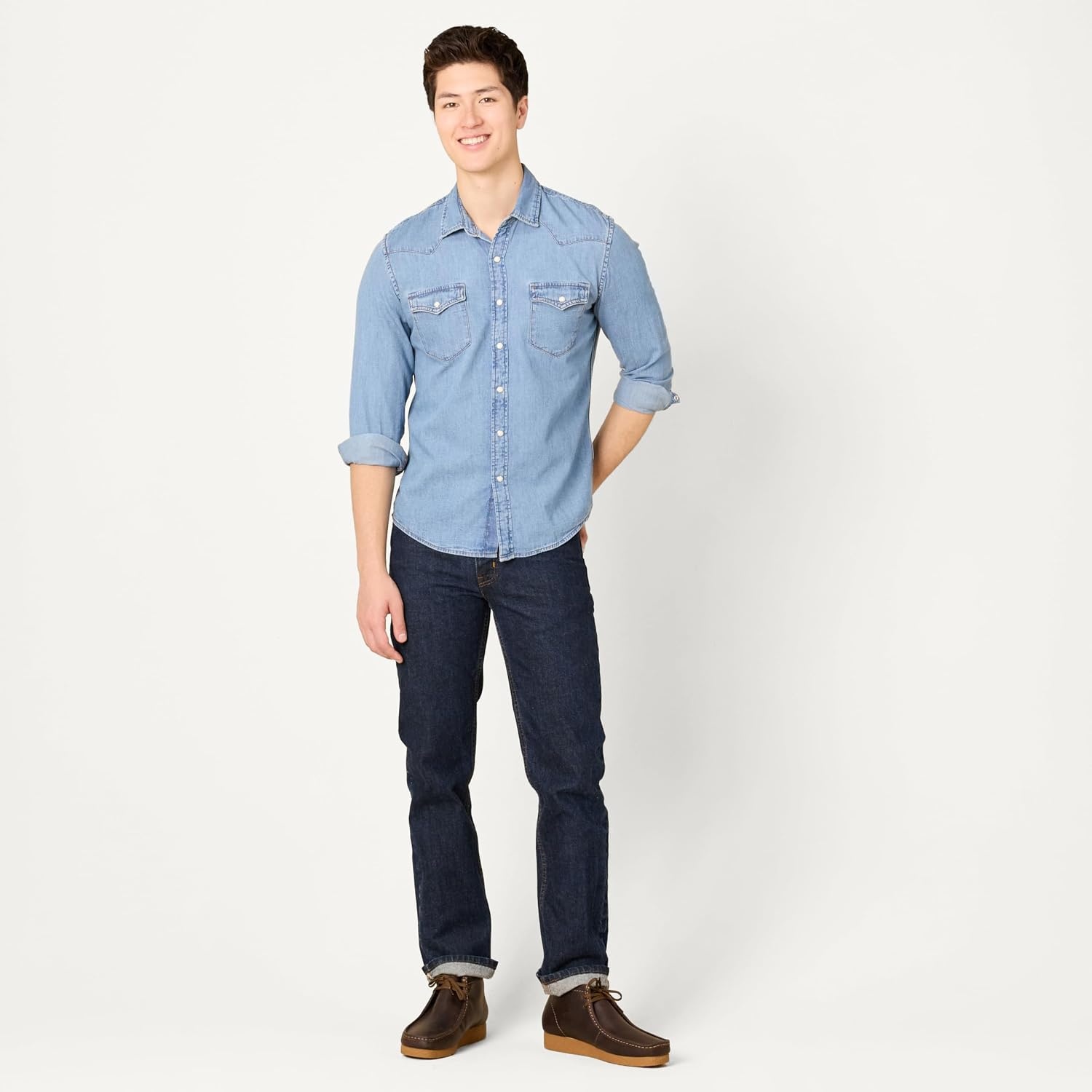 image:imageAmazon Essentials Mens SlimFit LongSleeve Denim Western Style Cotton Shirt with Snap Buttons LightweightLight Blue