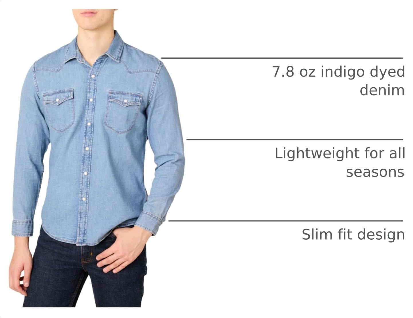 image:imageAmazon Essentials Mens SlimFit LongSleeve Denim Western Style Cotton Shirt with Snap Buttons LightweightLight Blue
