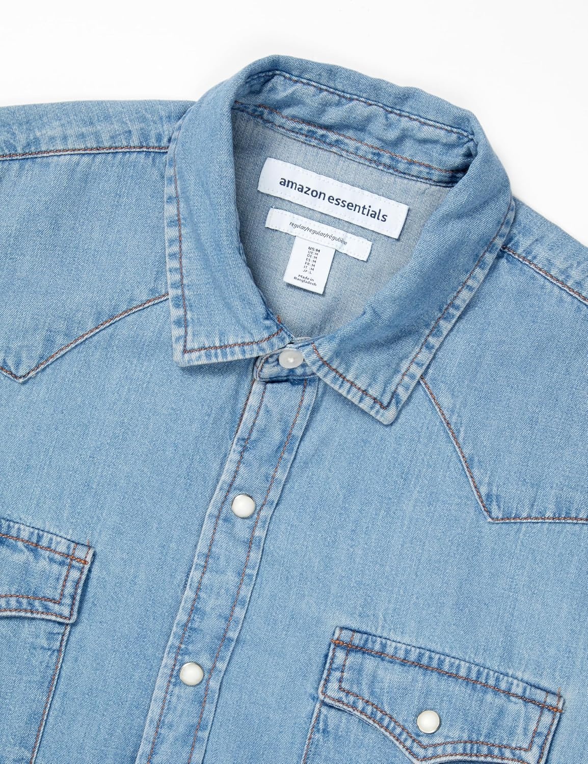 image:imageAmazon Essentials Mens SlimFit LongSleeve Denim Western Style Cotton Shirt with Snap Buttons LightweightLight Blue