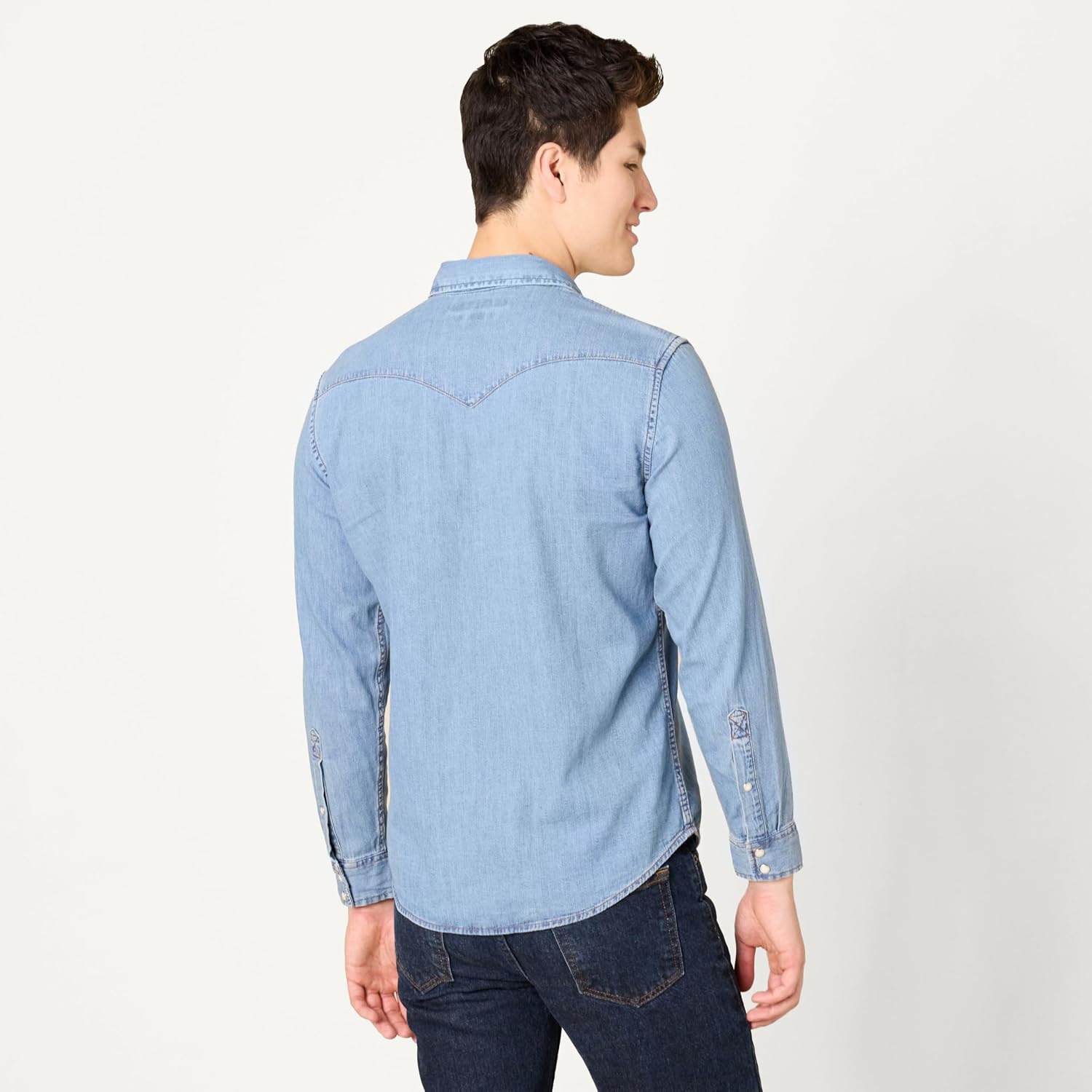 image:imageAmazon Essentials Mens SlimFit LongSleeve Denim Western Style Cotton Shirt with Snap Buttons LightweightLight Blue