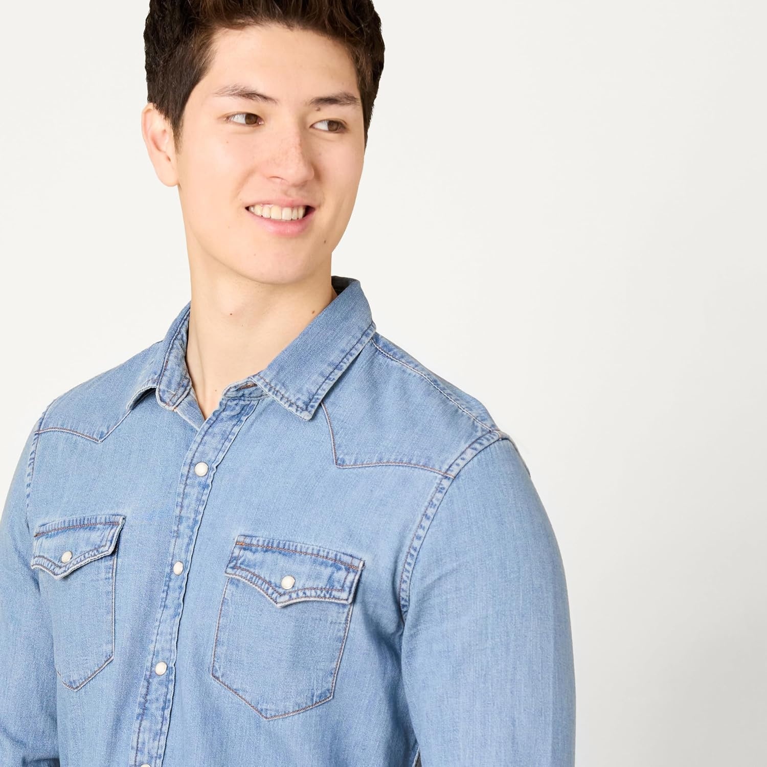 image:imageAmazon Essentials Mens SlimFit LongSleeve Denim Western Style Cotton Shirt with Snap Buttons LightweightLight Blue