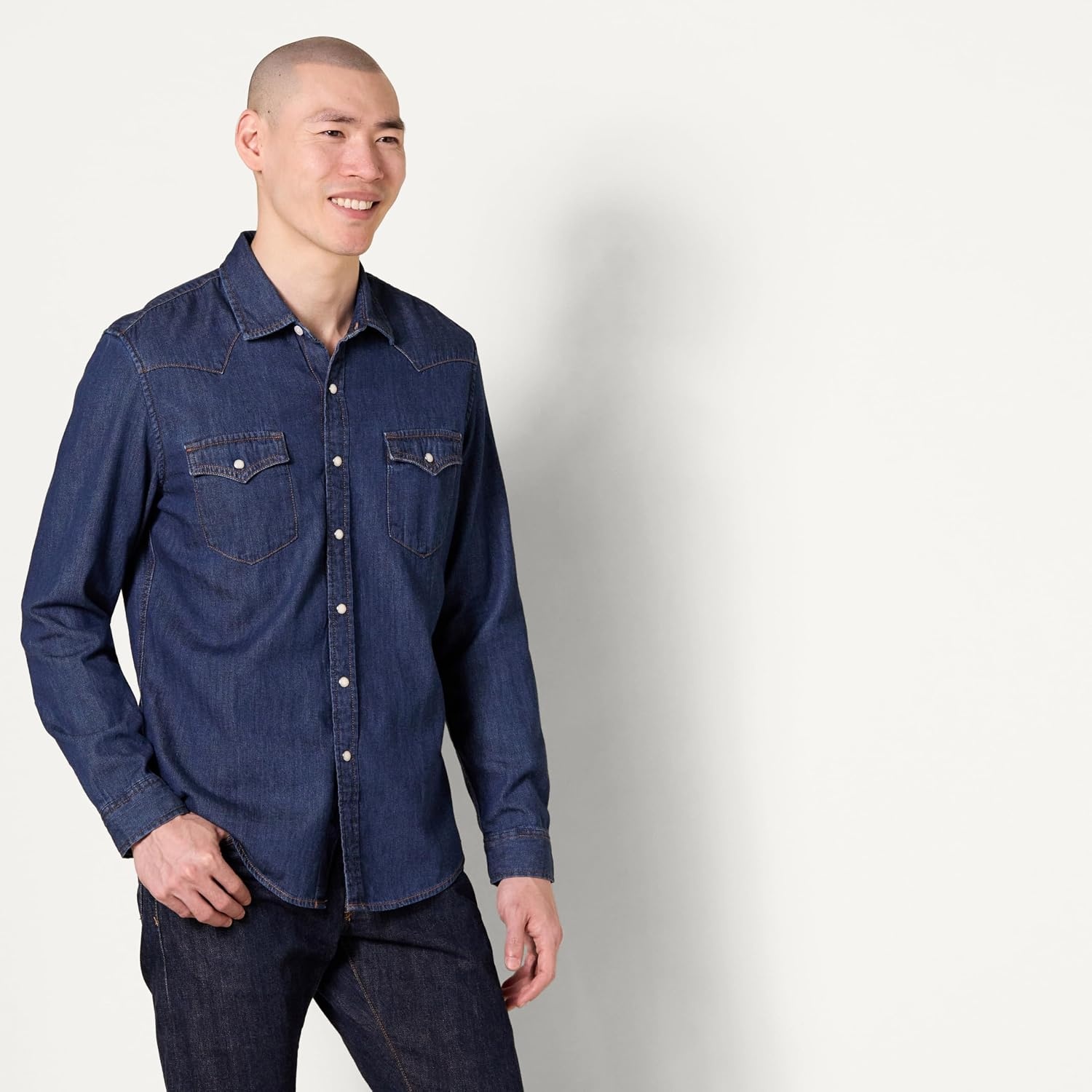 image:imageAmazon Essentials Mens SlimFit LongSleeve Denim Western Style Cotton Shirt with Snap Buttons LightweightMedium Blue