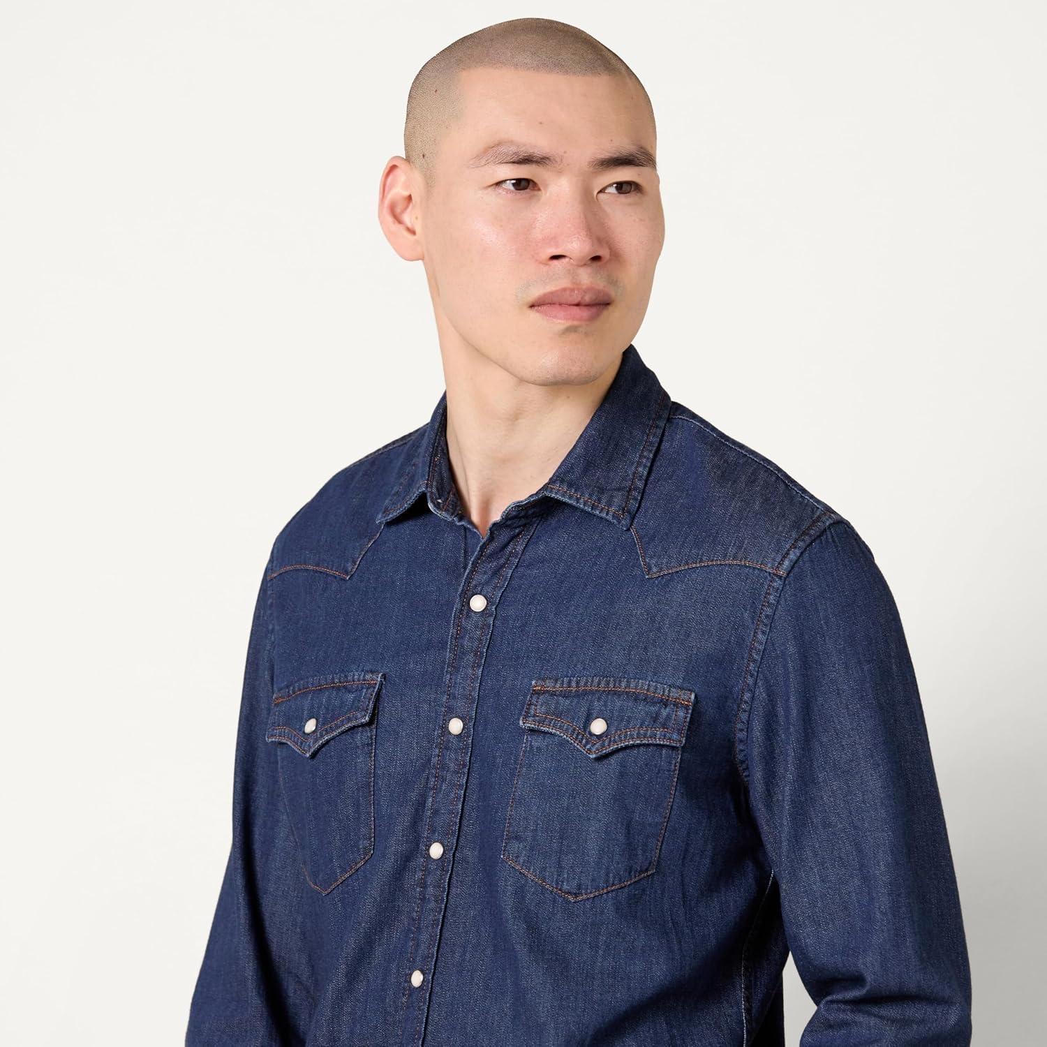 image:imageAmazon Essentials Mens SlimFit LongSleeve Denim Western Style Cotton Shirt with Snap Buttons LightweightMedium Blue