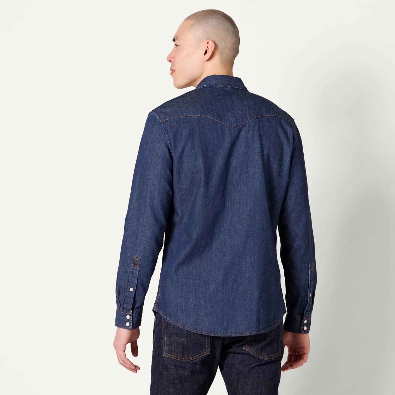 image:imageAmazon Essentials Mens SlimFit LongSleeve Denim Western Style Cotton Shirt with Snap Buttons LightweightMedium Blue
