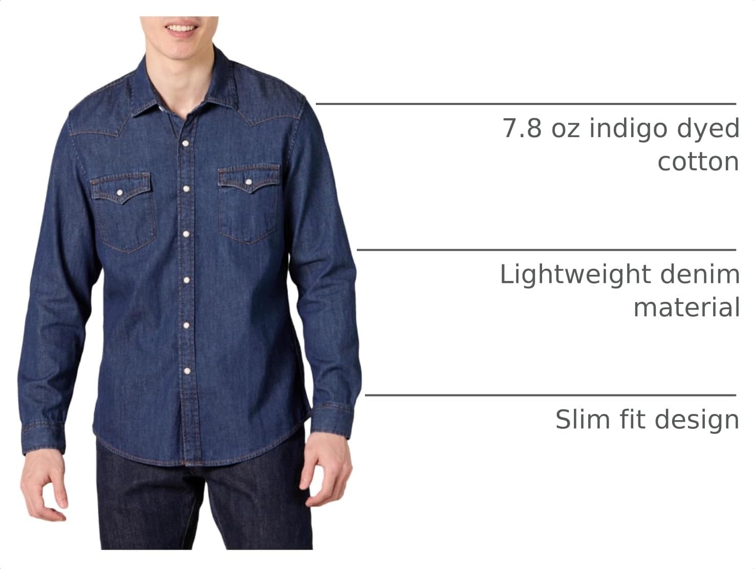 image:imageAmazon Essentials Mens SlimFit LongSleeve Denim Western Style Cotton Shirt with Snap Buttons LightweightMedium Blue